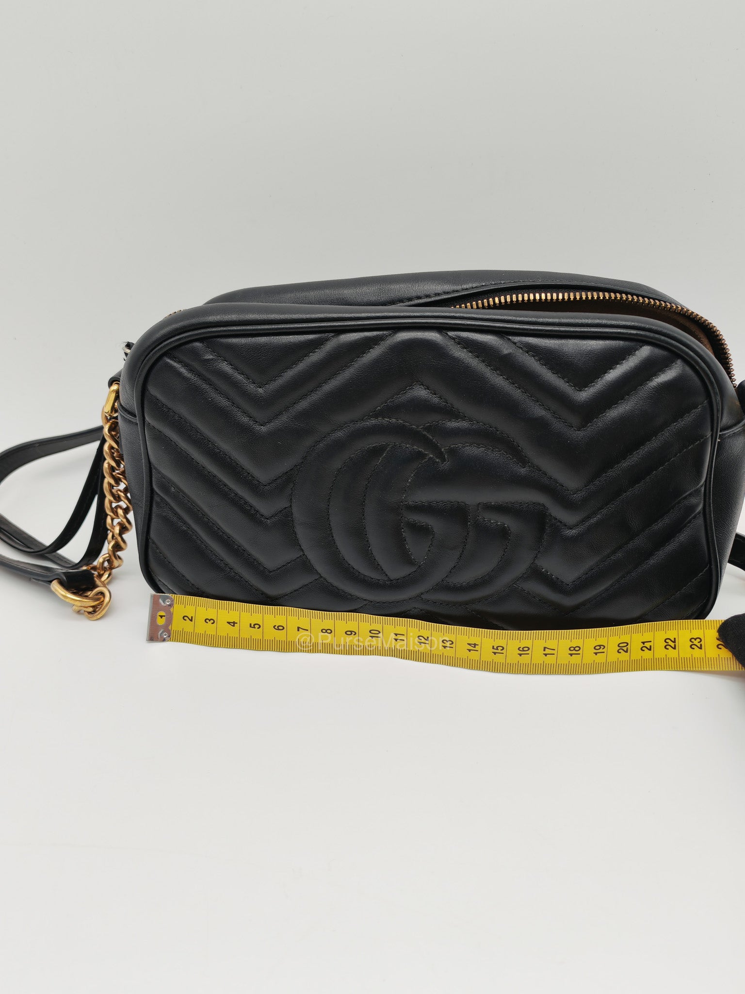Gucci GG Small Camera Bag in Black Cheveron Quilted Matelasse Leather and Gold Hardware