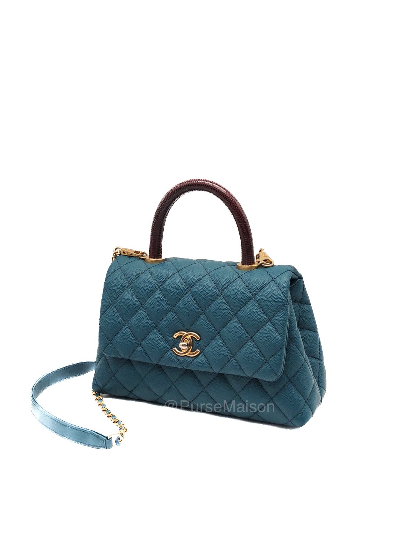 Chanel Coco Lizard Handle Small in Dark Turquoise Quilted Caviar Leather and Aged Gold Hardware Series 28