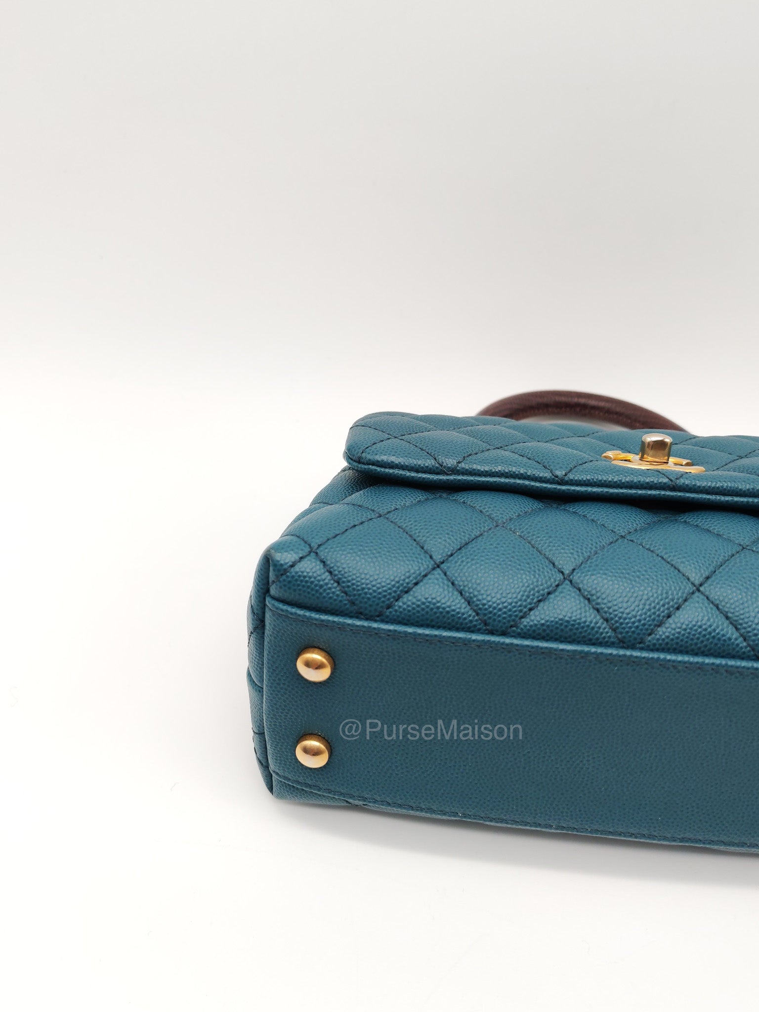 Chanel Coco Lizard Handle Small in Dark Turquoise Quilted Caviar Leather and Aged Gold Hardware Series 28