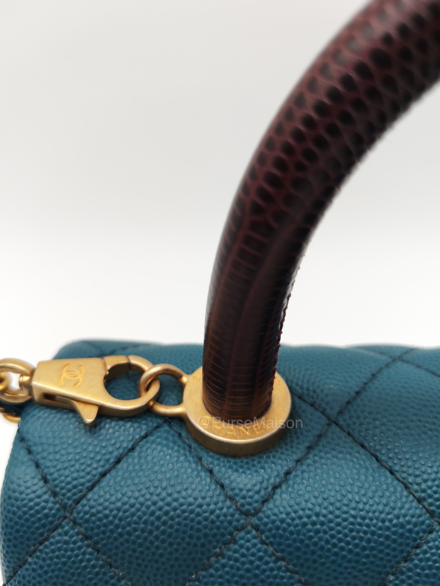 Chanel Coco Lizard Handle Small in Dark Turquoise Quilted Caviar Leather and Aged Gold Hardware Series 28