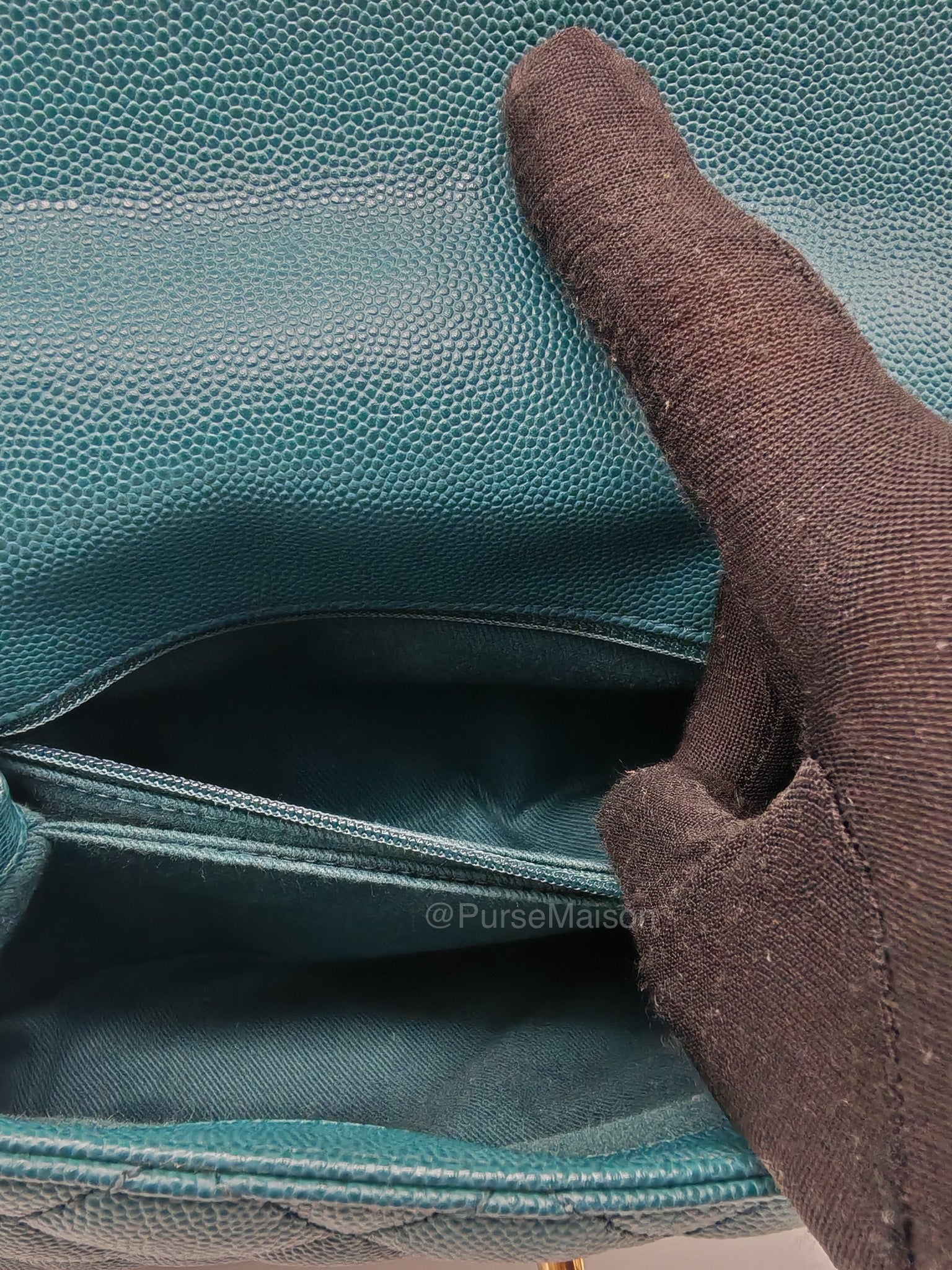 Chanel Coco Lizard Handle Small in Dark Turquoise Quilted Caviar Leather and Aged Gold Hardware Series 28