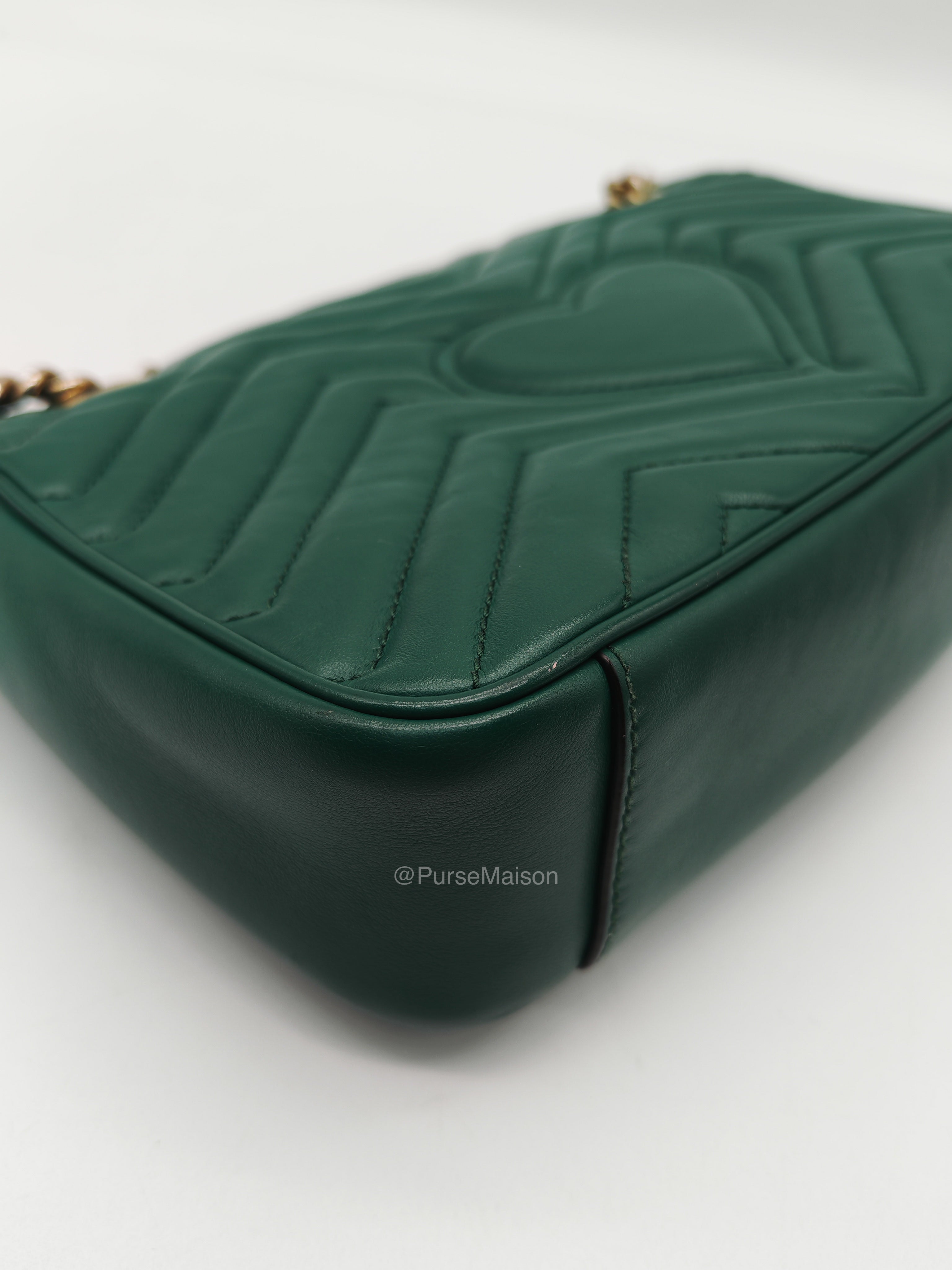 Gucci GG Marmont Shoulder Bag Small in Green Chevron Matelasse Calfskin Leather and Gold Hardware