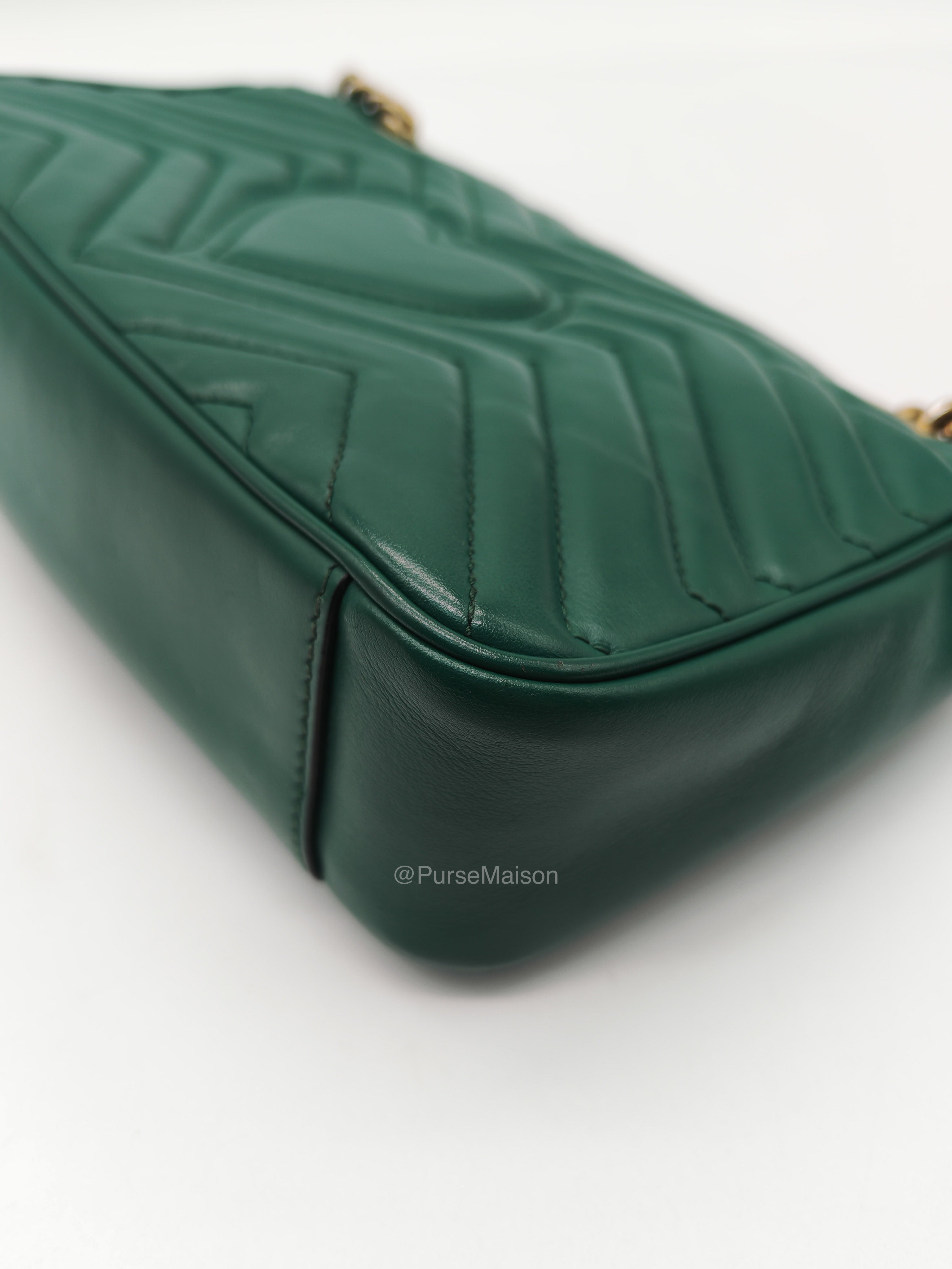 Gucci GG Marmont Shoulder Bag Small in Green Chevron Matelasse Calfskin Leather and Gold Hardware