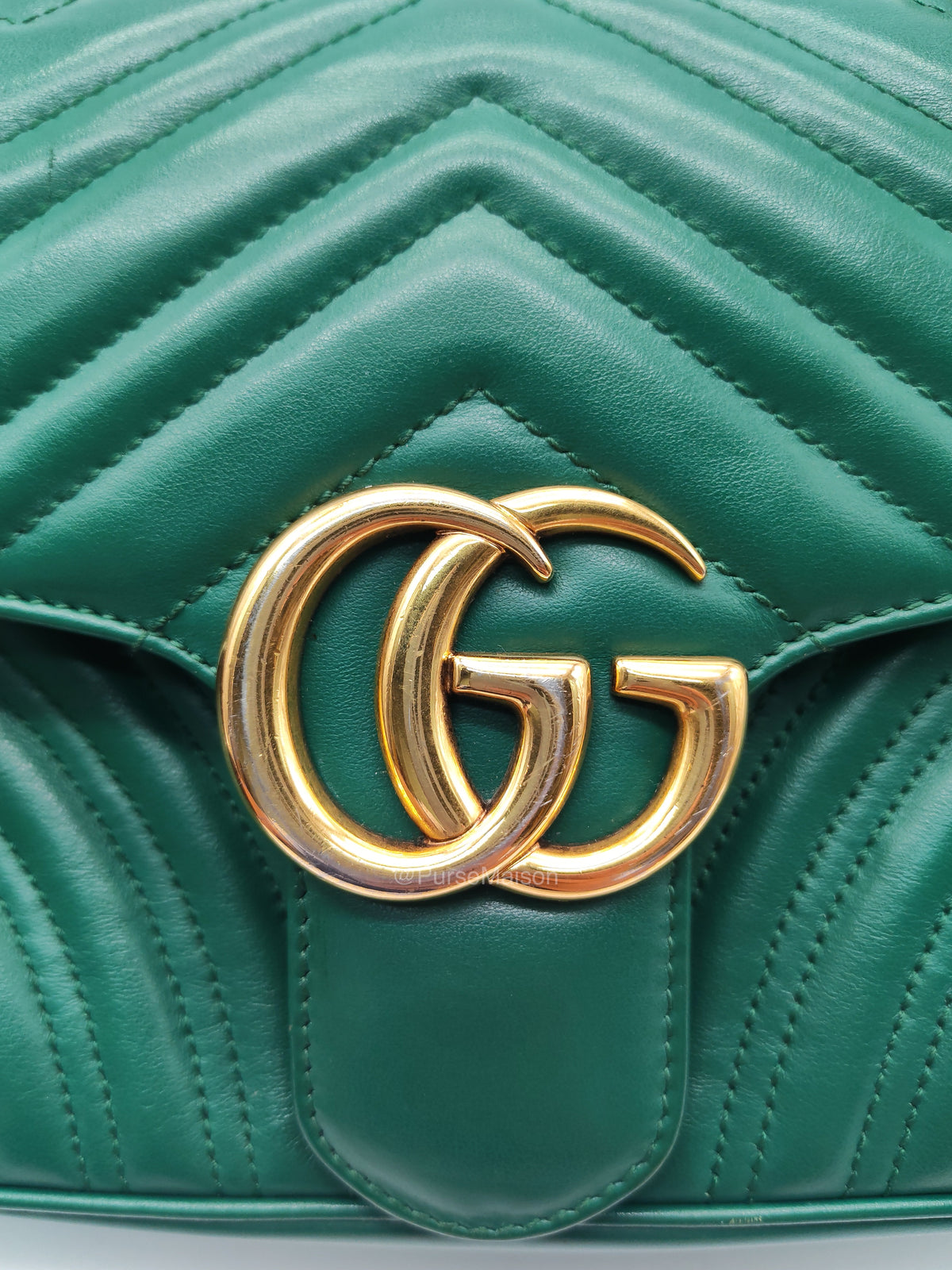 Gucci GG Marmont Shoulder Bag Small in Green Chevron Matelasse Calfskin Leather and Gold Hardware