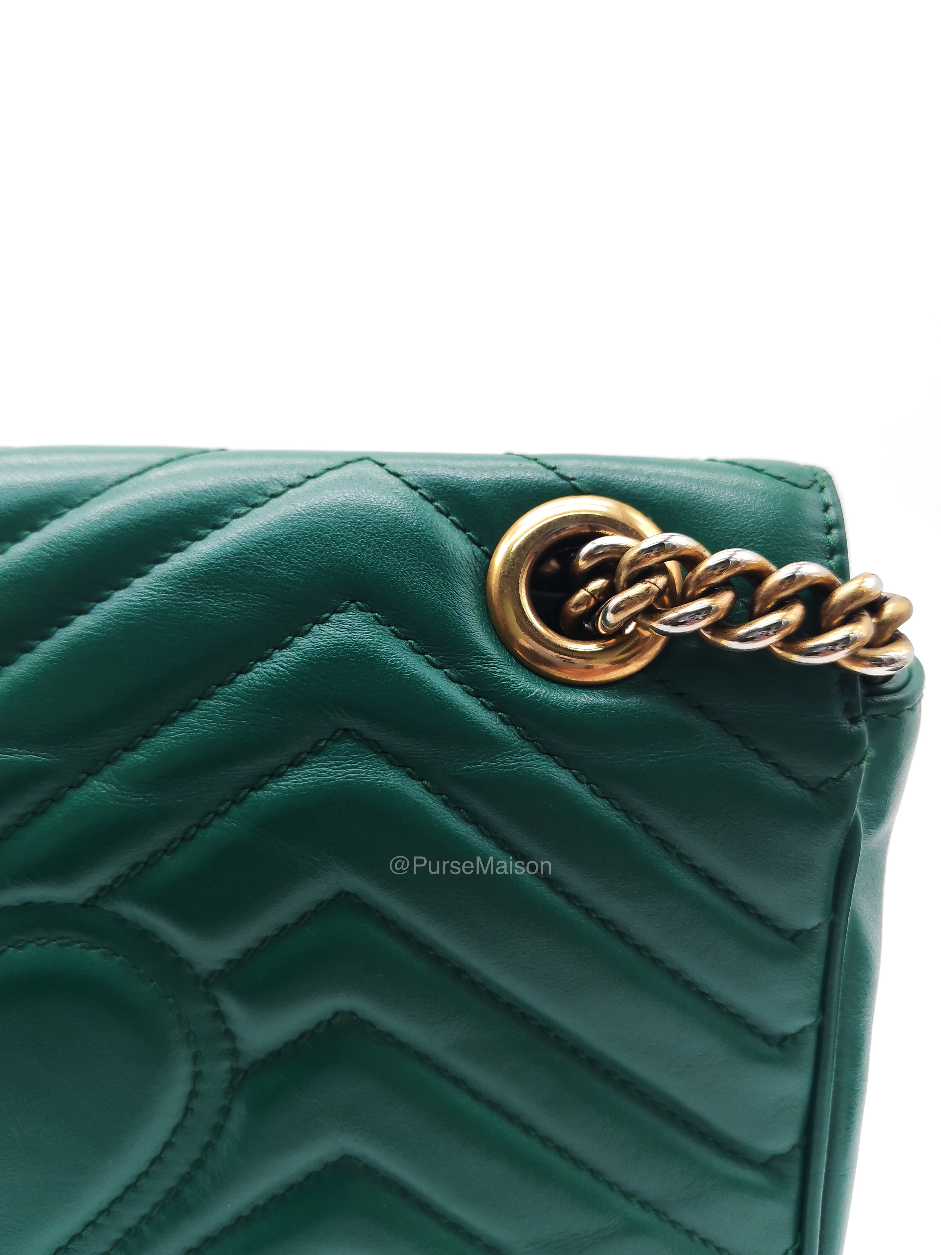Gucci GG Marmont Shoulder Bag Small in Green Chevron Matelasse Calfskin Leather and Gold Hardware