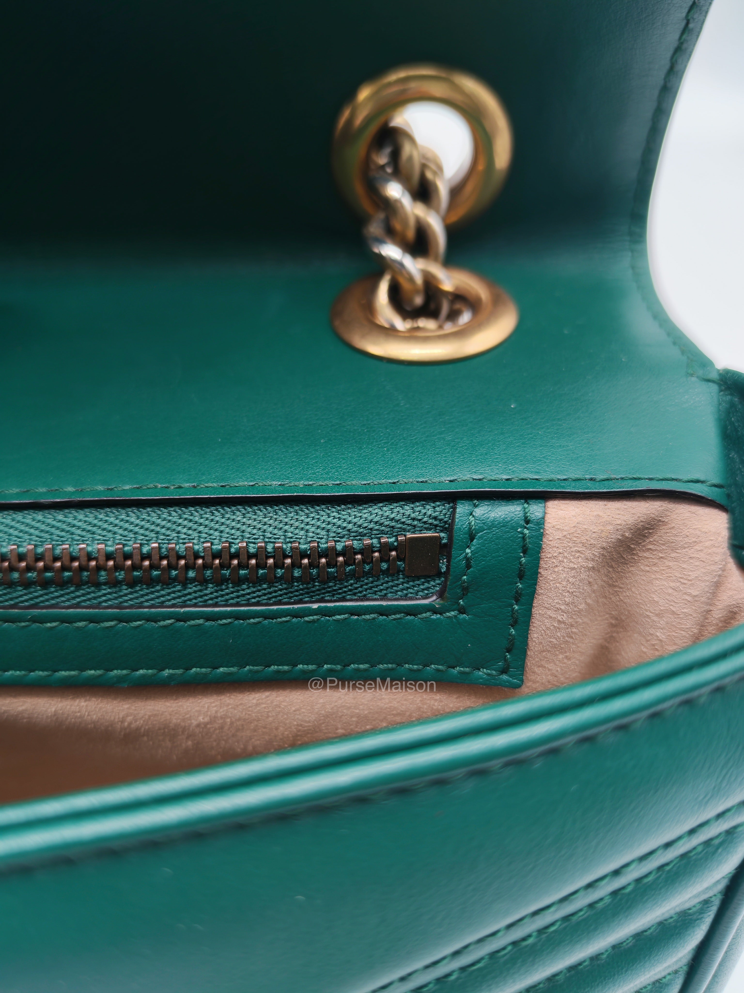 Gucci GG Marmont Shoulder Bag Small in Green Chevron Matelasse Calfskin Leather and Gold Hardware