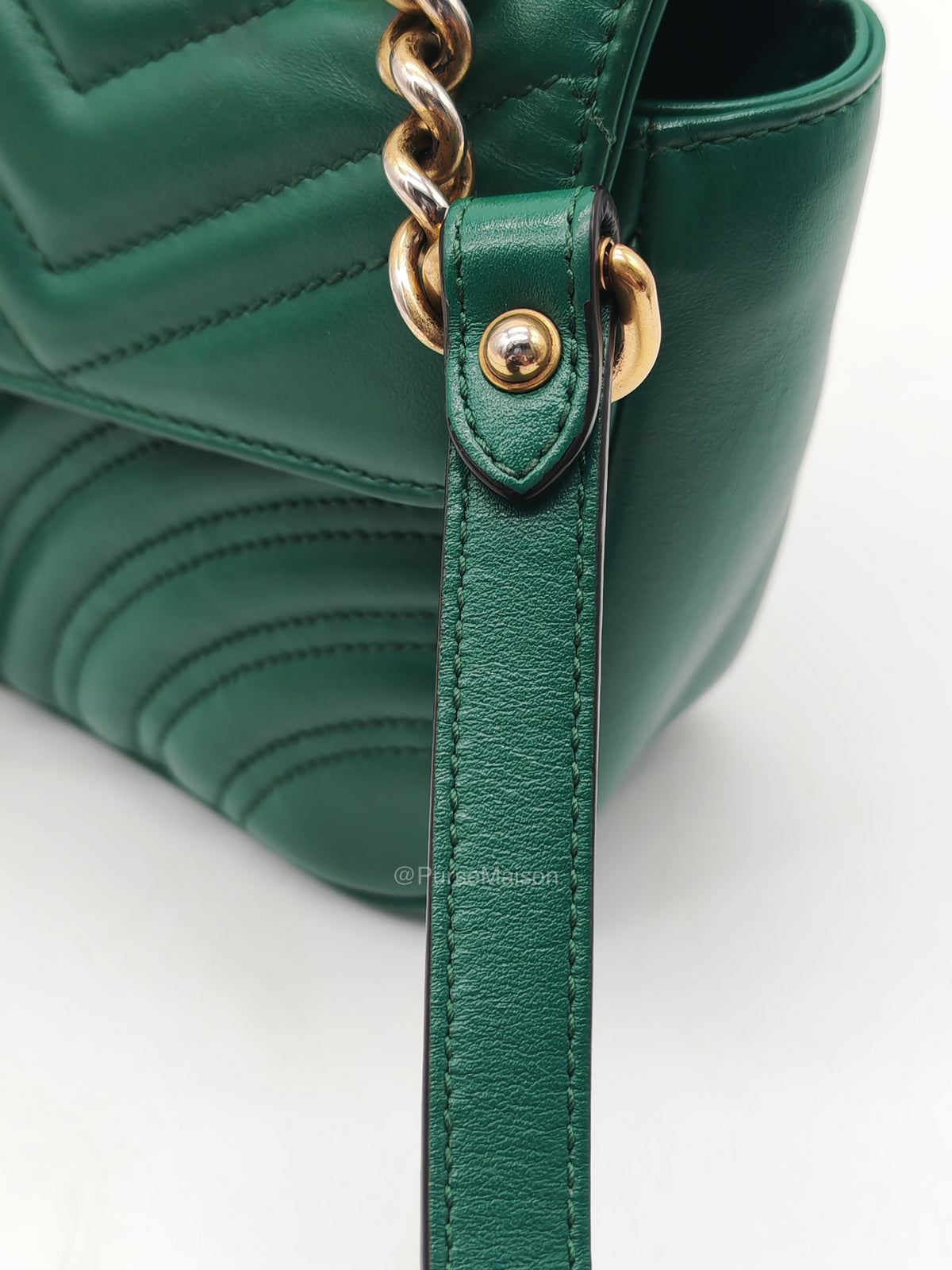 Gucci GG Marmont Shoulder Bag Small in Green Chevron Matelasse Calfskin Leather and Gold Hardware