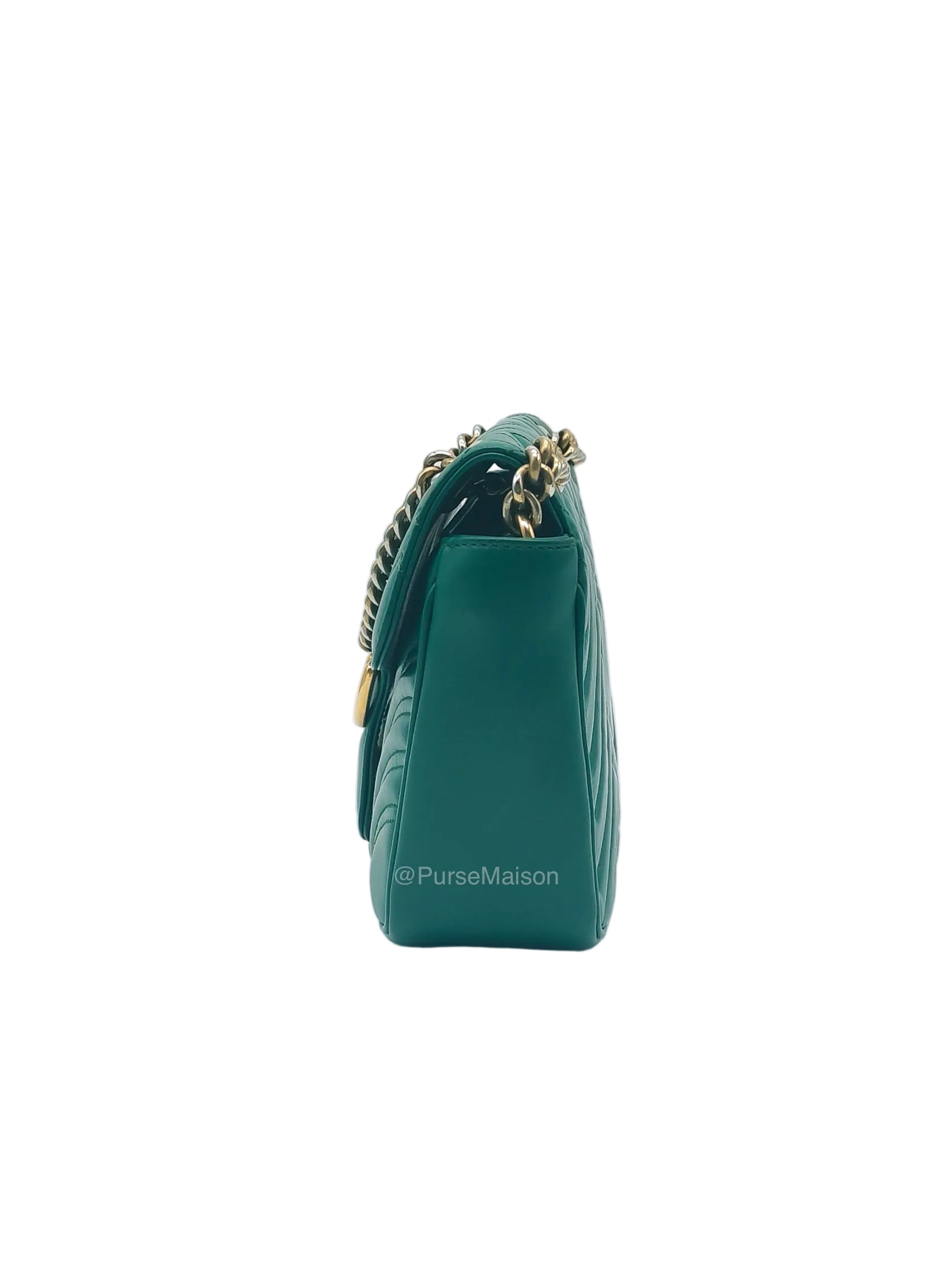 Gucci GG Marmont Shoulder Bag Small in Green Chevron Matelasse Calfskin Leather and Gold Hardware