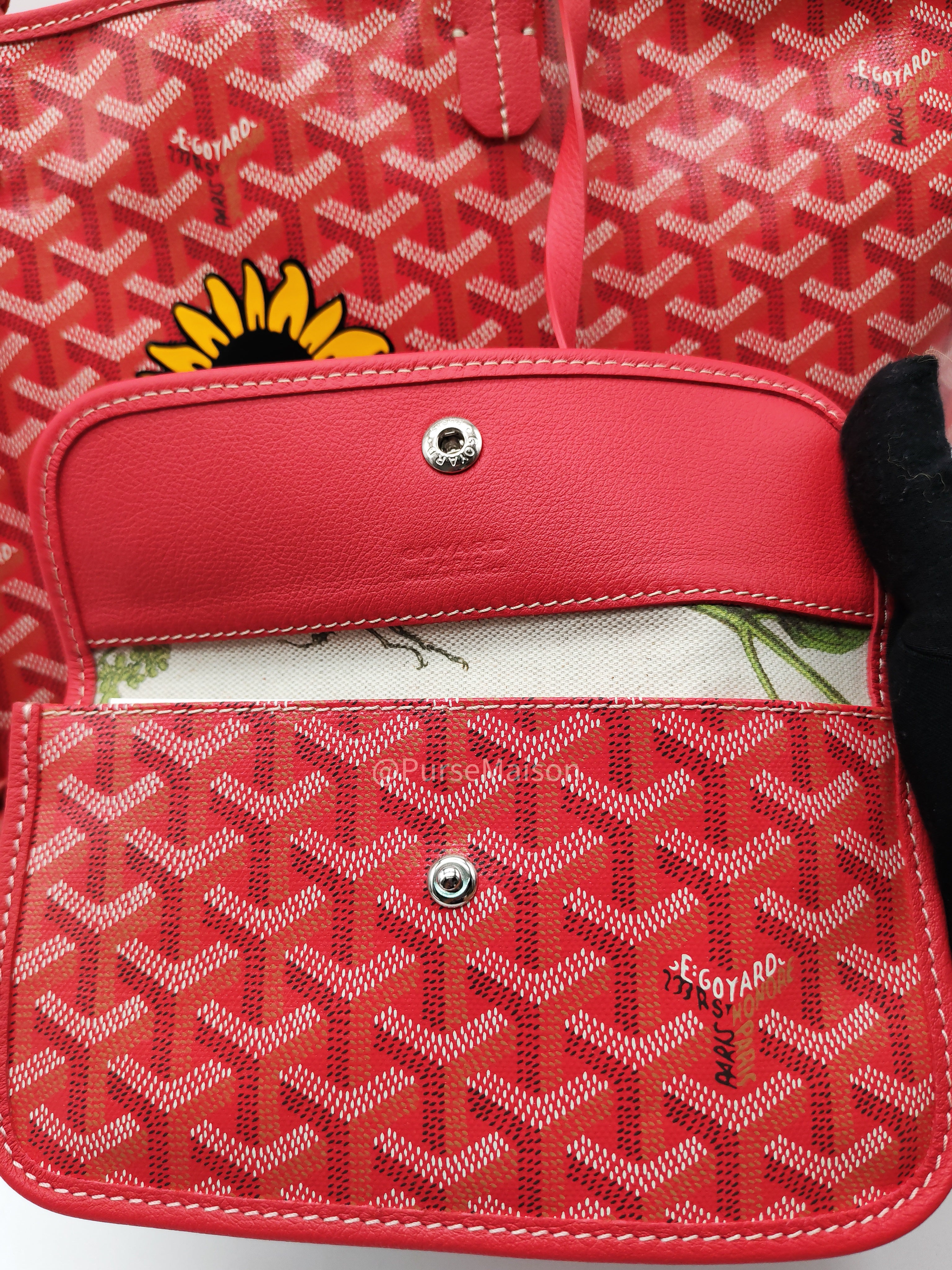 Goyard Saint Louis PM Tote Bag in Red Goyardine Canvas with Sunflower & Dog Hand-Painted Marquage (Limited Edition)