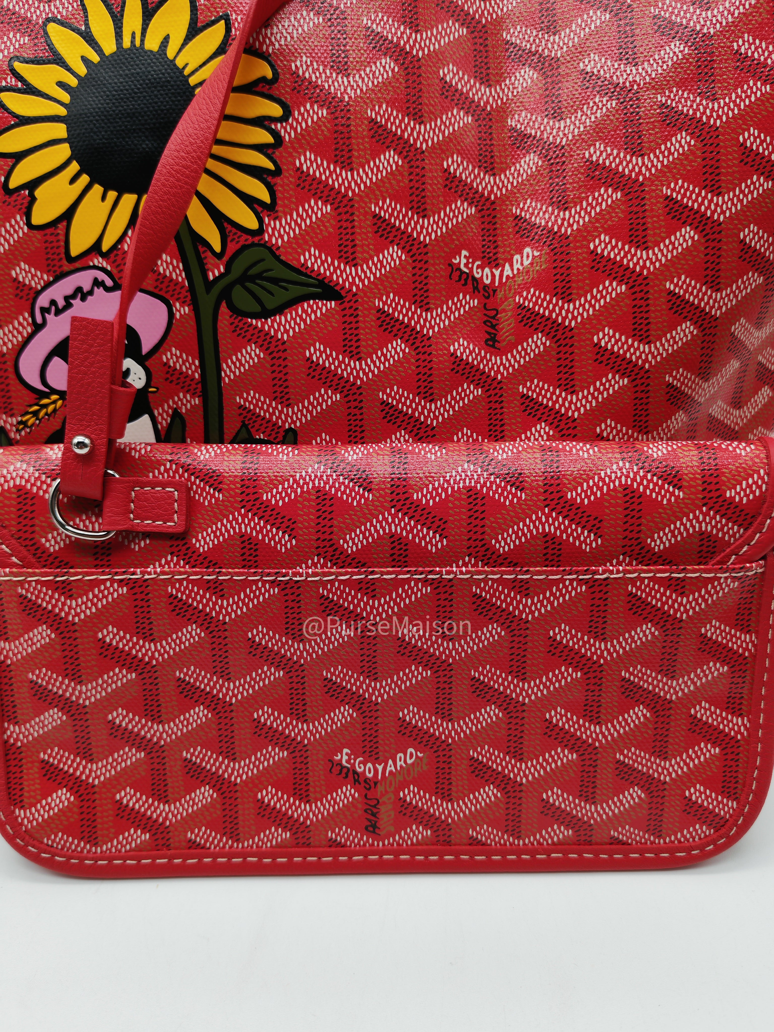Goyard Saint Louis PM Tote Bag in Red Goyardine Canvas with Sunflower & Dog Hand-Painted Marquage (Limited Edition)