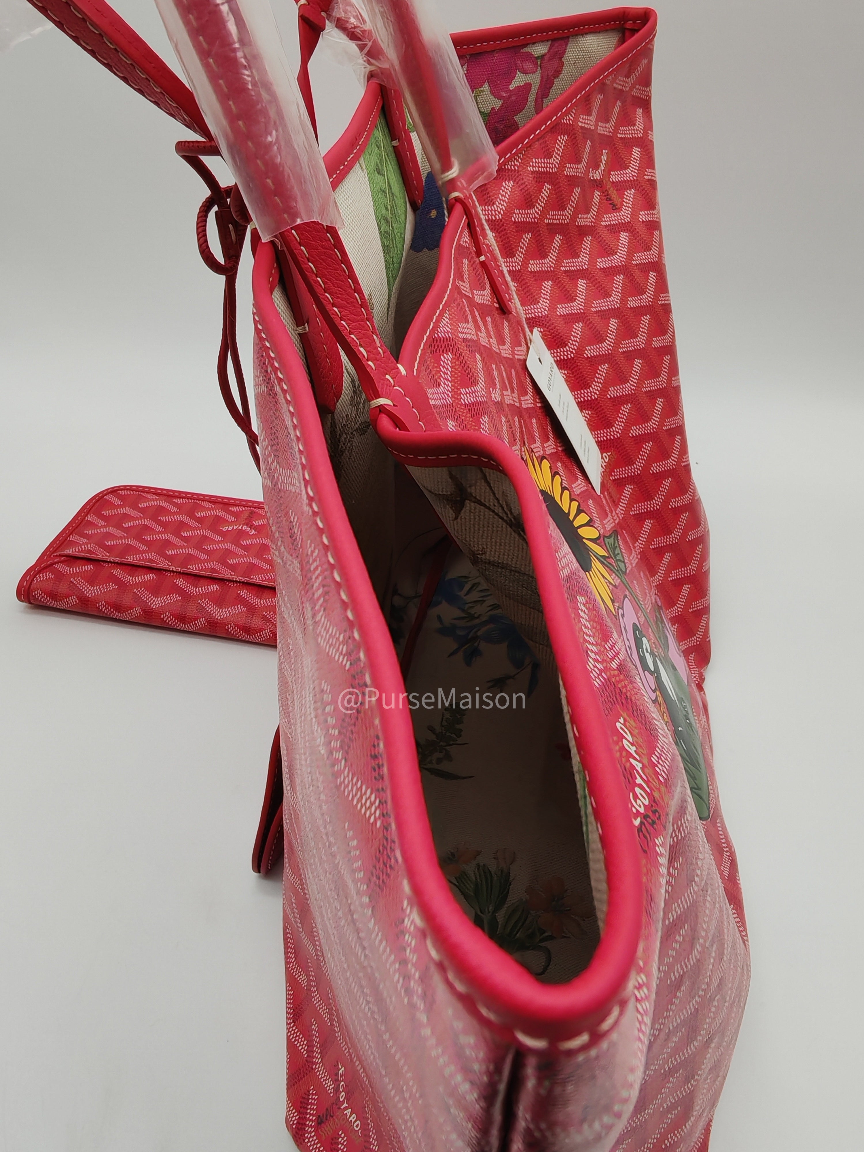 Goyard Saint Louis PM Tote Bag in Red Goyardine Canvas with Sunflower & Dog Hand-Painted Marquage (Limited Edition)