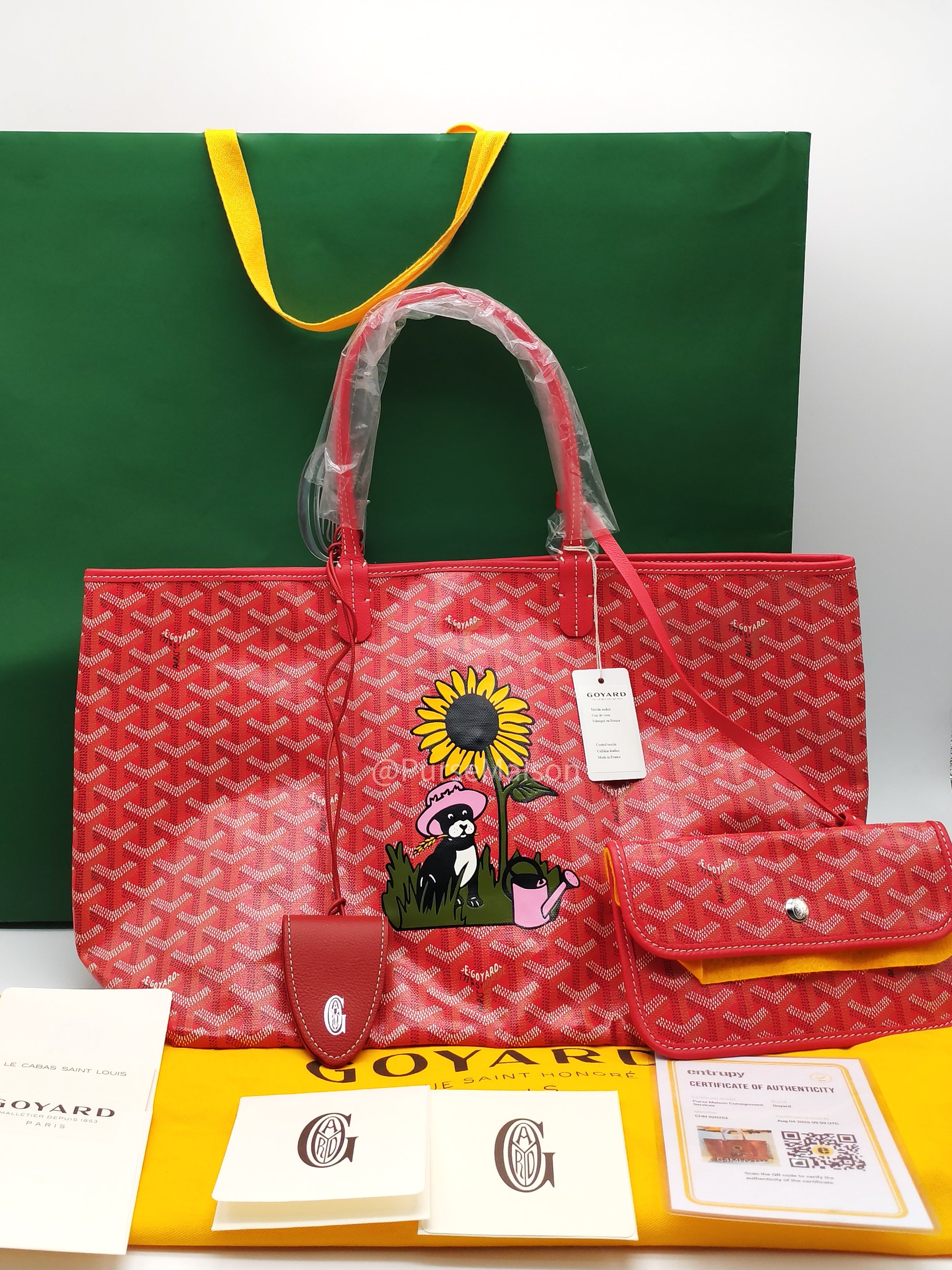 Goyard Saint Louis PM Tote Bag in Red Goyardine Canvas with Sunflower & Dog Hand-Painted Marquage (Limited Edition)