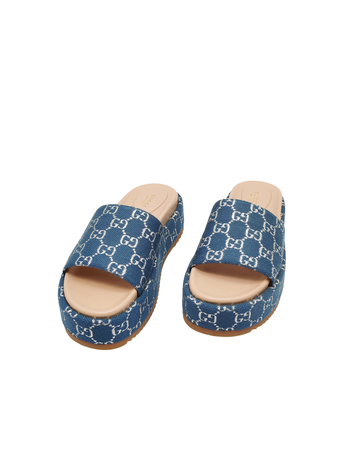 Gucci Angelina Platform 55mm Slide Sandals in Blue Tea New Denim GG Monogram Size 37 Eu (25 cm)