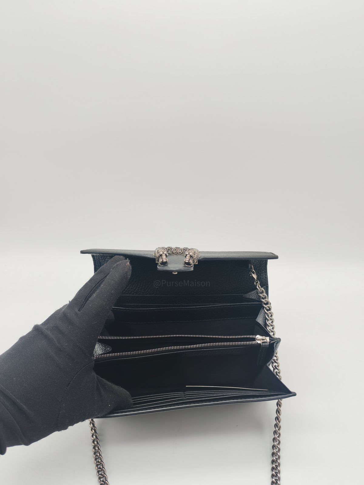 Gucci Dionysus Wallet on Chain in Black Grained Calfskin Leather Silver Hardware