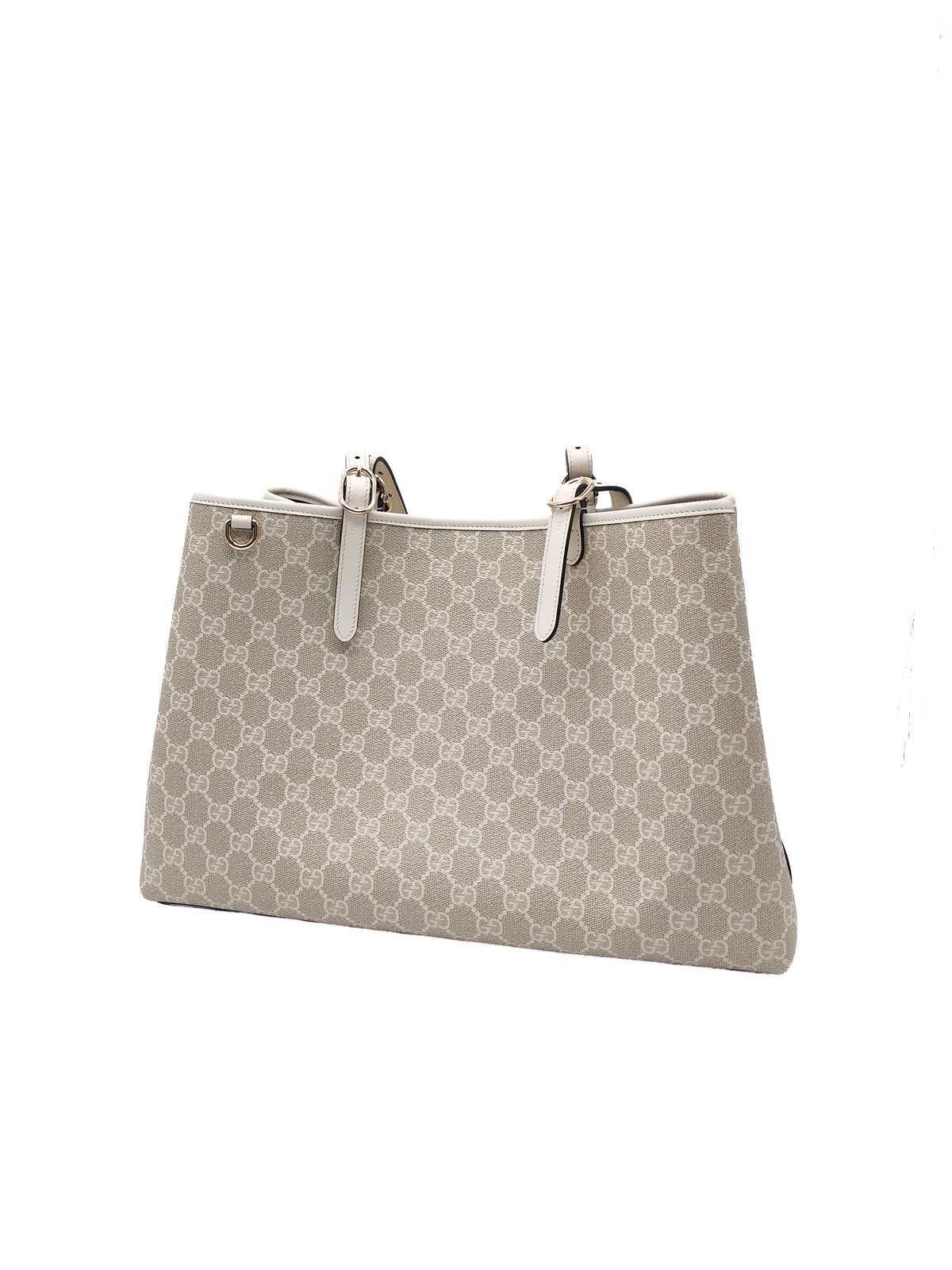 Gucci GG Emblem Tote Bag Large in White Monogram Canvas and Light Gold Hardware