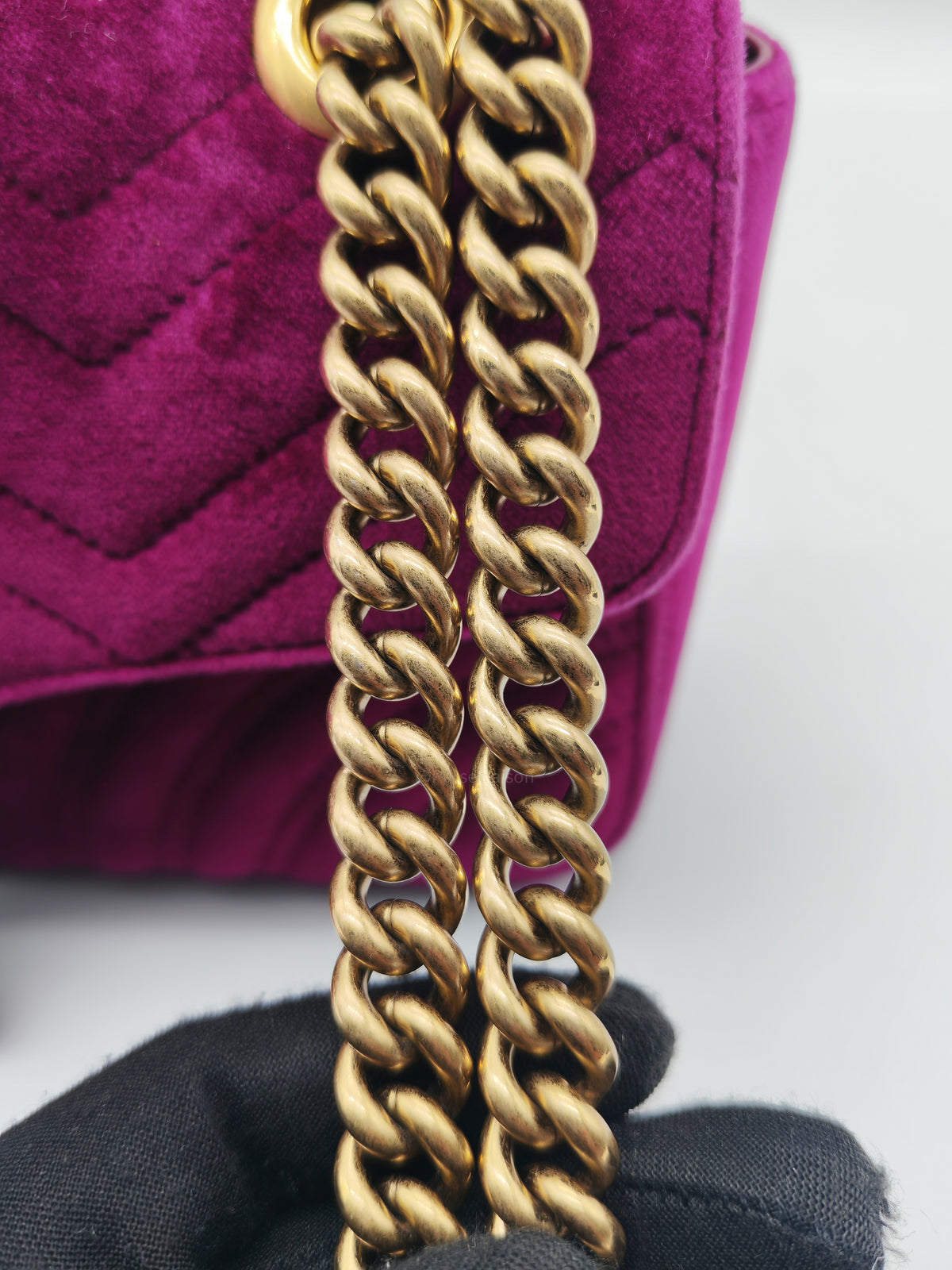 Gucci Velvet Matellase GG Marmont Shoulder Bag in Rich Purple Velvet Fabric and Aged Gold Hardware