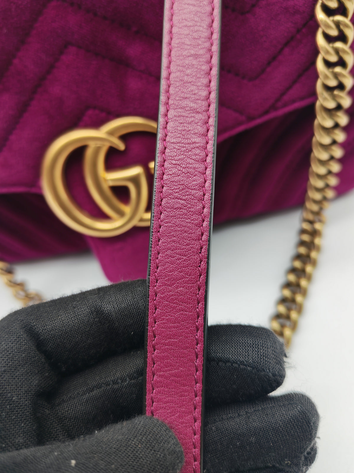 Gucci Velvet Matellase GG Marmont Shoulder Bag in Rich Purple Velvet Fabric and Aged Gold Hardware