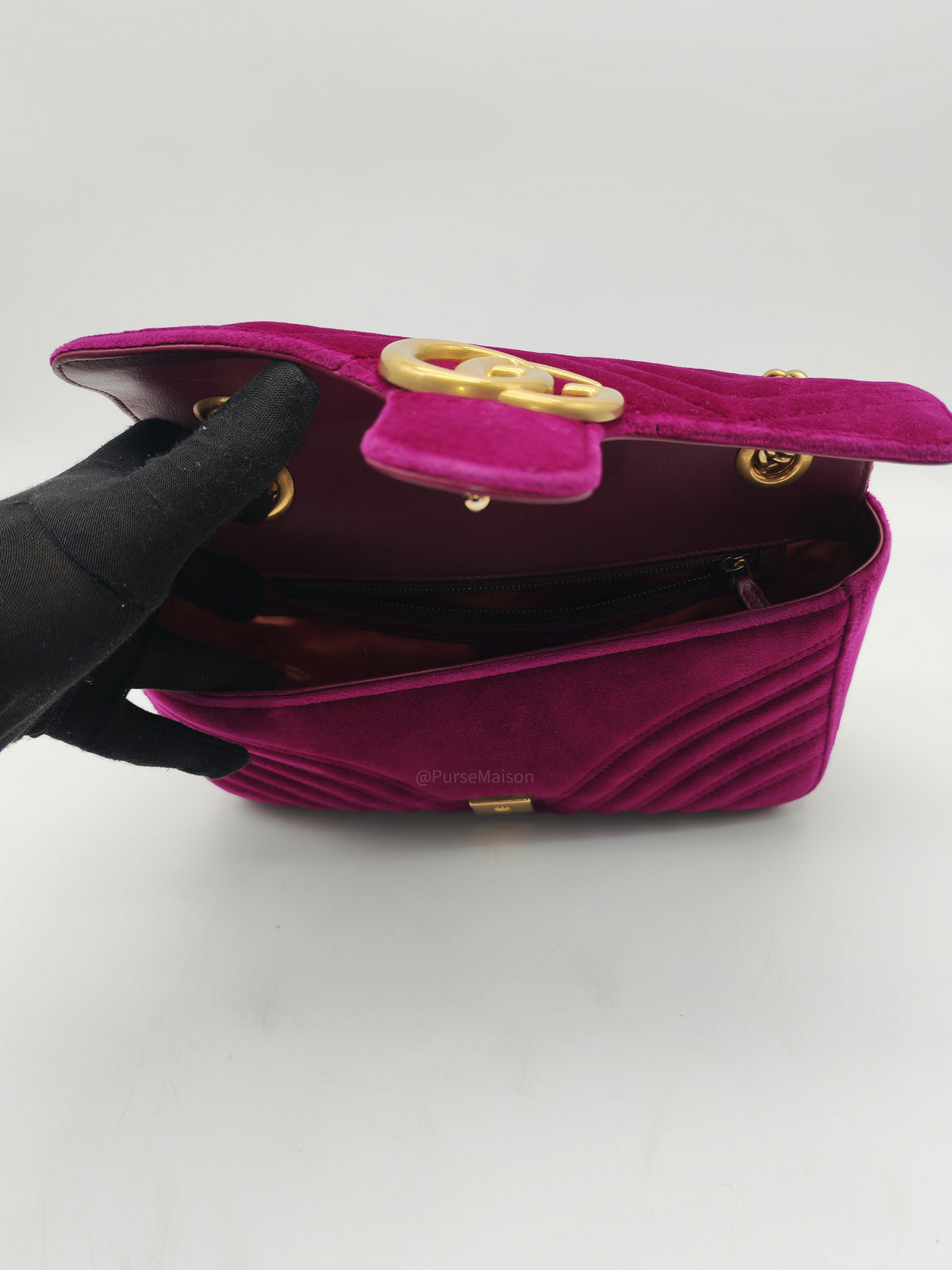 Gucci Velvet Matellase GG Marmont Shoulder Bag in Rich Purple Velvet Fabric and Aged Gold Hardware