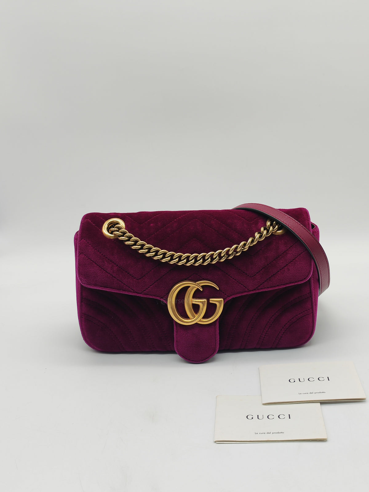 Gucci Velvet Matellase GG Marmont Shoulder Bag in Rich Purple Velvet Fabric and Aged Gold Hardware