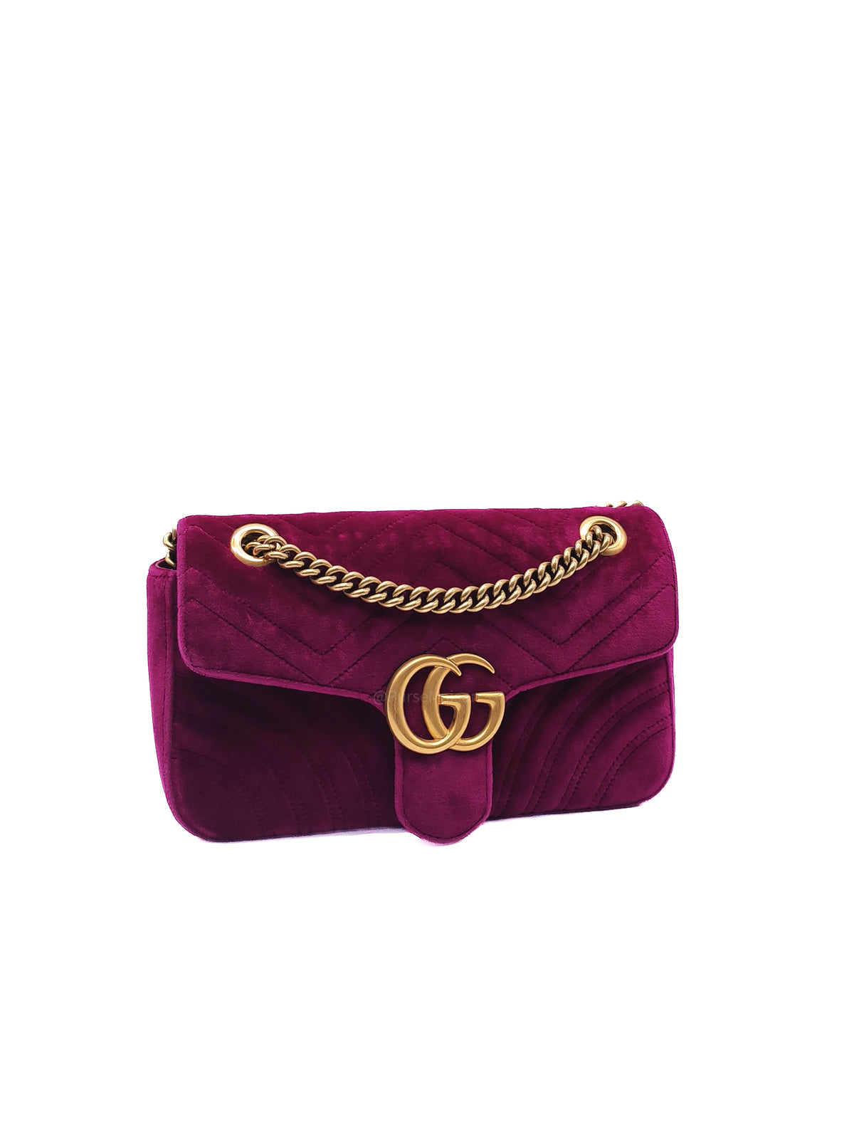 Gucci Velvet Matellase GG Marmont Shoulder Bag in Rich Purple Velvet Fabric and Aged Gold Hardware