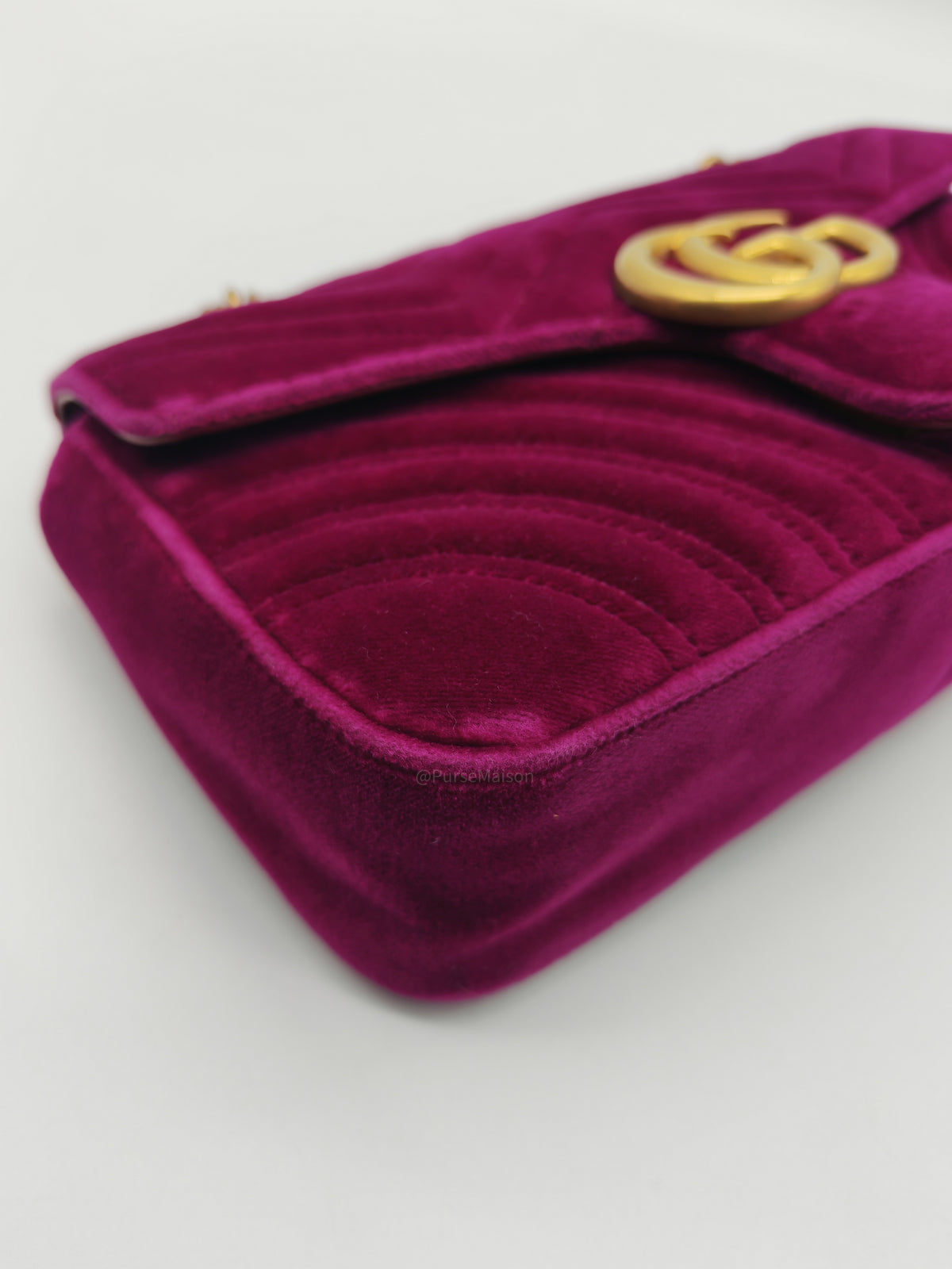 Gucci Velvet Matellase GG Marmont Shoulder Bag in Rich Purple Velvet Fabric and Aged Gold Hardware