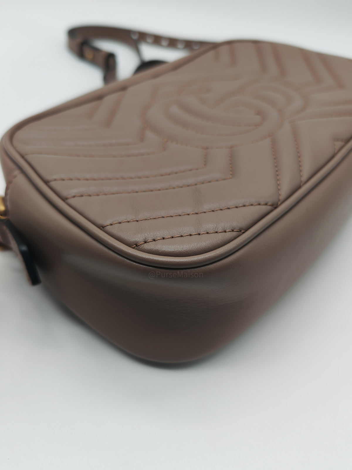 Gucci GG Marmont Camera Bag Small in Porcelain Rose Quilted Matellase Calfskin Leather and Gold Hardware
