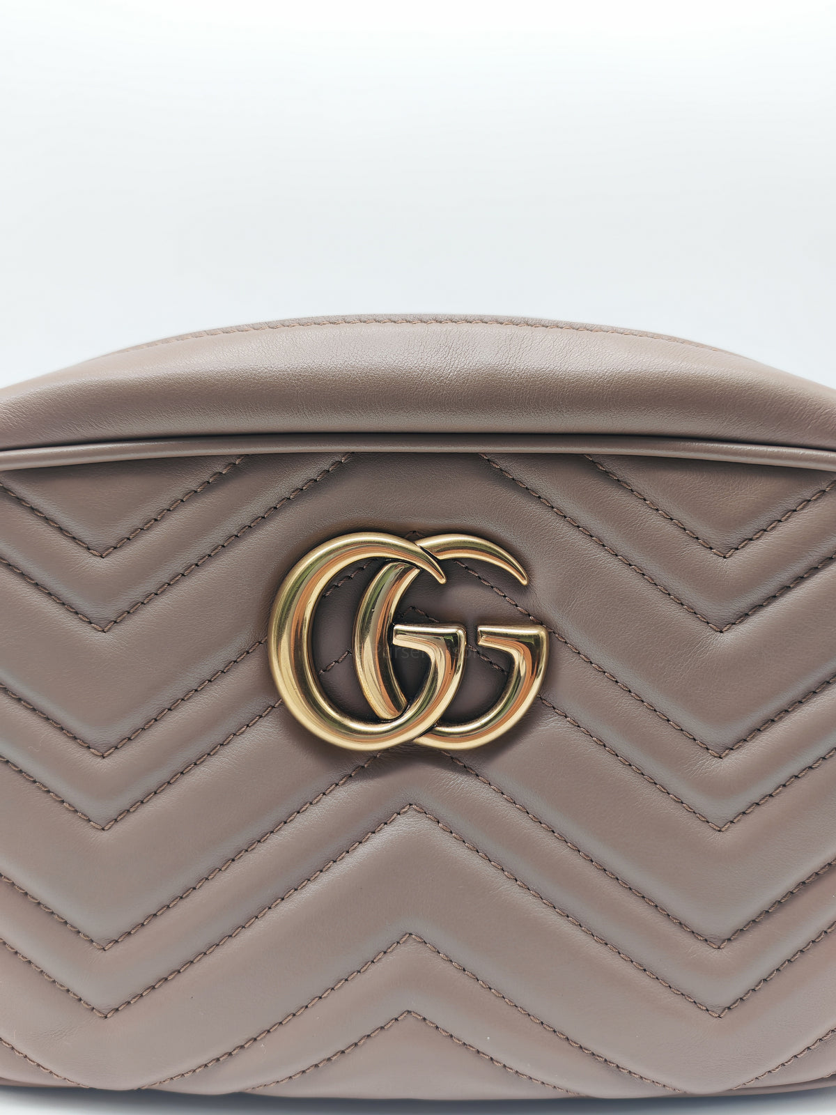 Gucci GG Marmont Camera Bag Small in Porcelain Rose Quilted Matellase Calfskin Leather and Gold Hardware