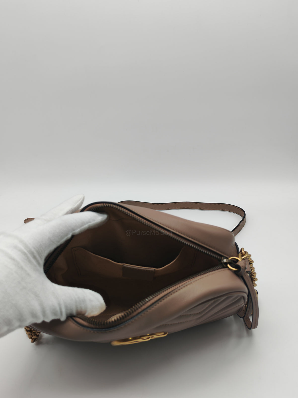 Gucci GG Marmont Camera Bag Small in Porcelain Rose Quilted Matellase Calfskin Leather and Gold Hardware