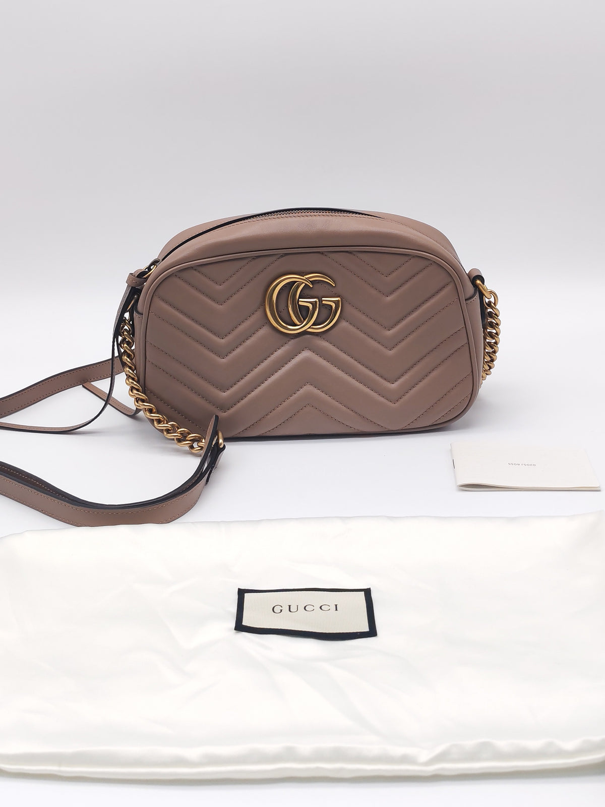 Gucci GG Marmont Camera Bag Small in Porcelain Rose Quilted Matellase Calfskin Leather and Gold Hardware
