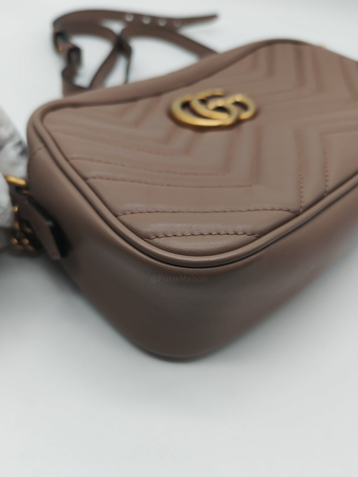 Gucci GG Marmont Camera Bag Small in Porcelain Rose Quilted Matellase Calfskin Leather and Gold Hardware