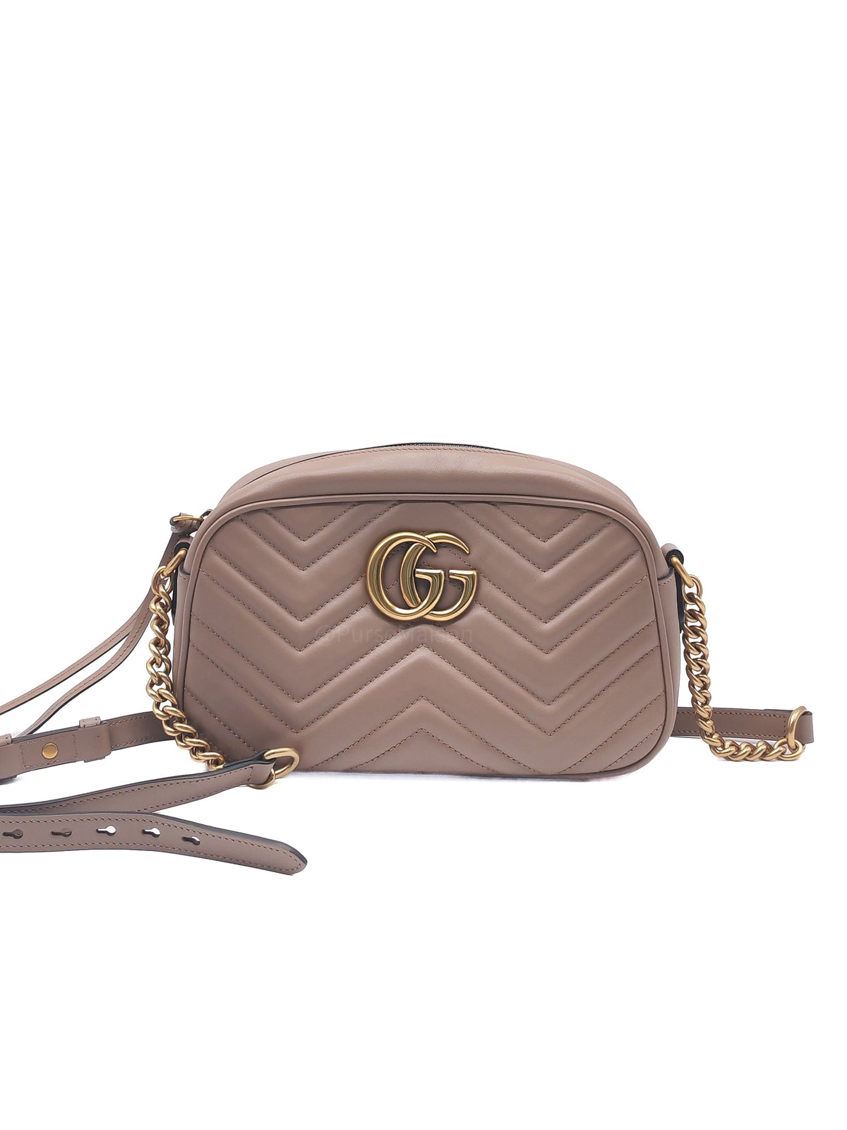 Gucci GG Marmont Camera Bag Small in Porcelain Rose Quilted Matellase Calfskin Leather and Gold Hardware