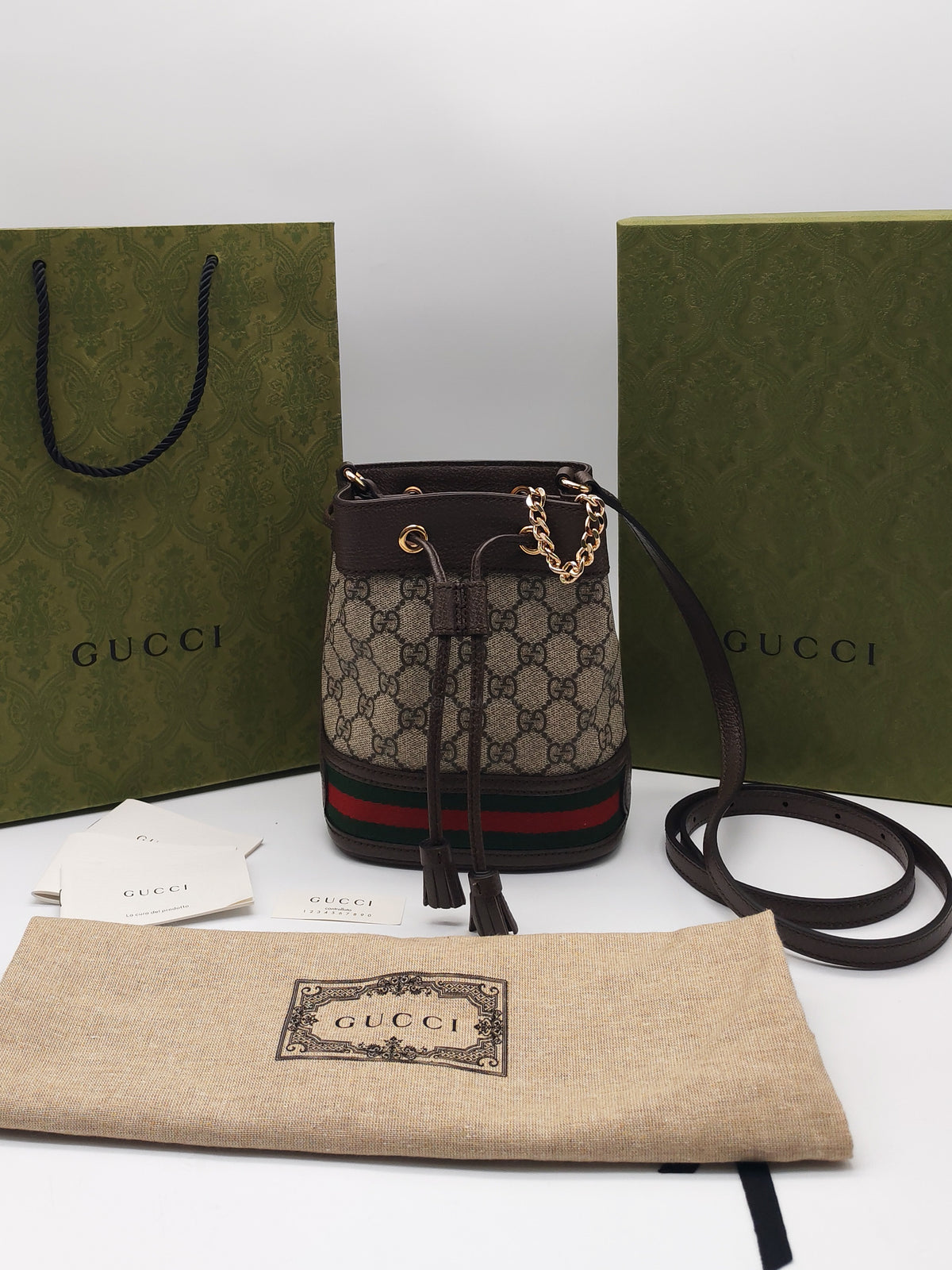 Gucci Ophidia Mini Bucket Bag in GG Supreme Monogram Canvas and Gold Hardware