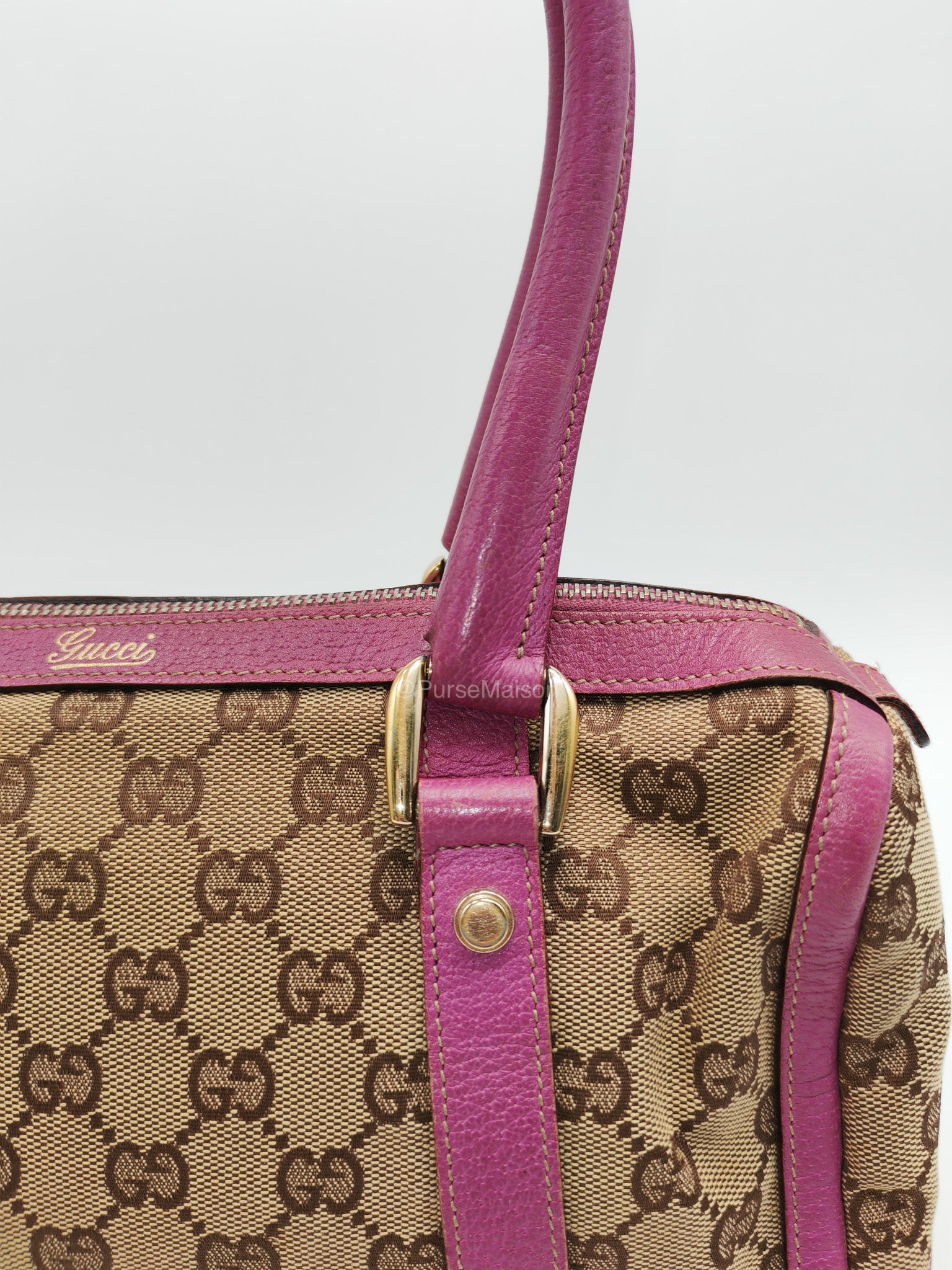 Gucci Abbey Boston Handbag in Pink GG Monogram Canvas and Light Gold Hardware