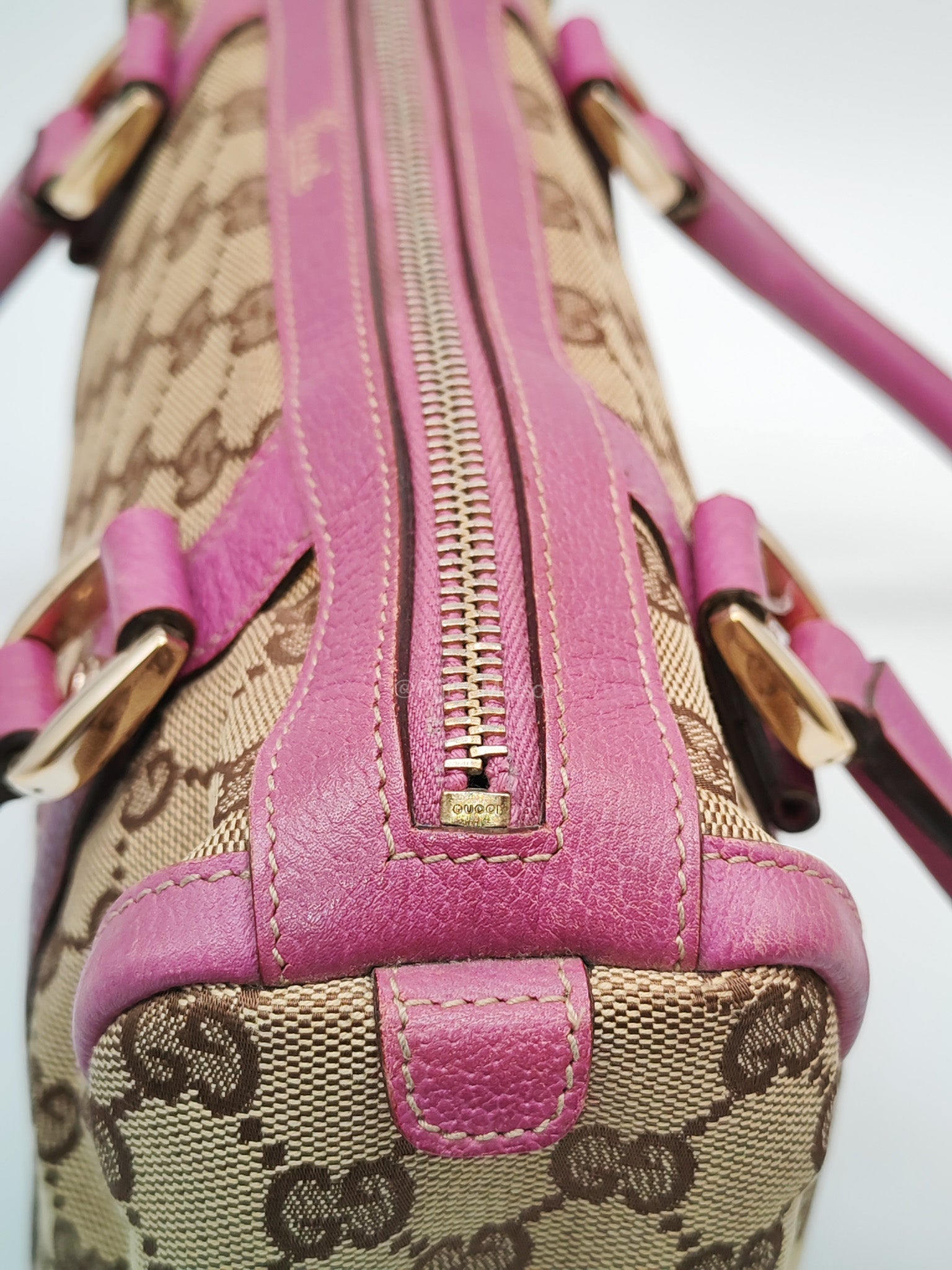 Gucci Abbey Boston Handbag in Pink GG Monogram Canvas and Light Gold Hardware