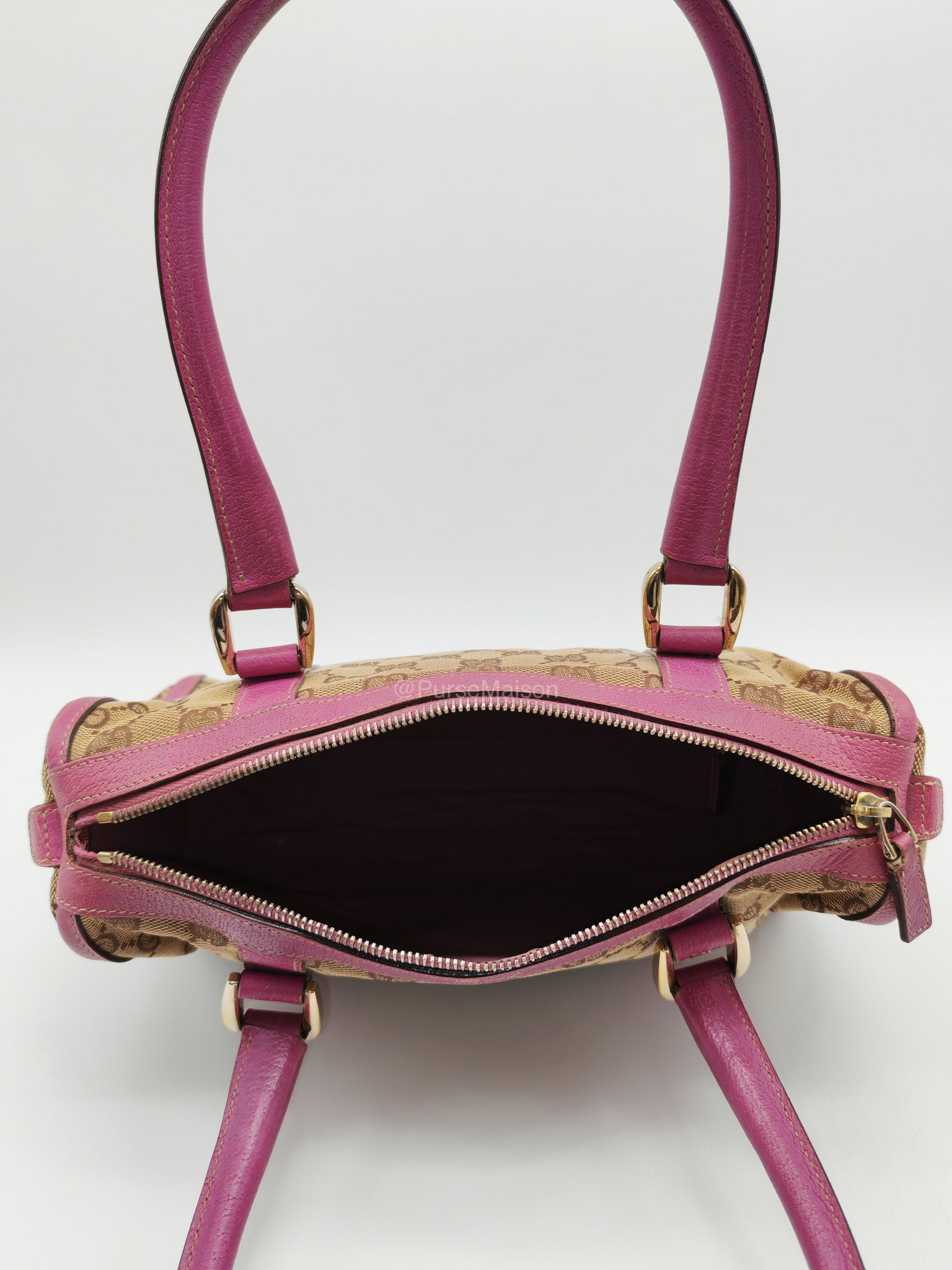 Gucci Abbey Boston Handbag in Pink GG Monogram Canvas and Light Gold Hardware