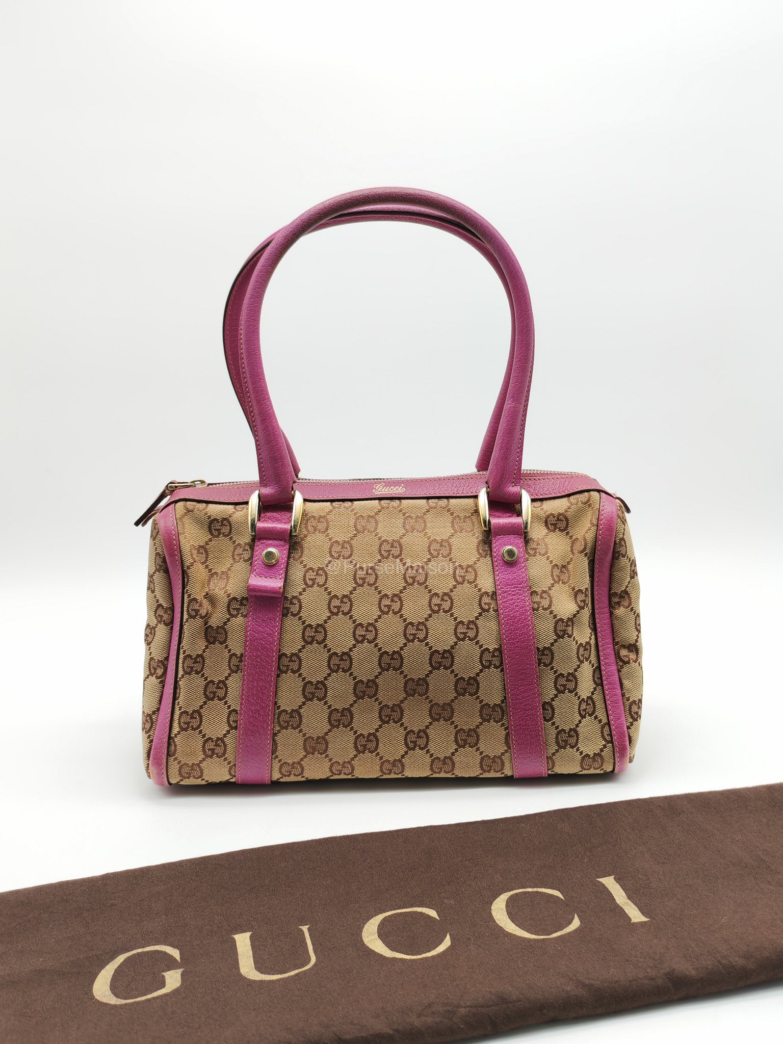 Gucci Abbey Boston Handbag in Pink GG Monogram Canvas and Light Gold Hardware