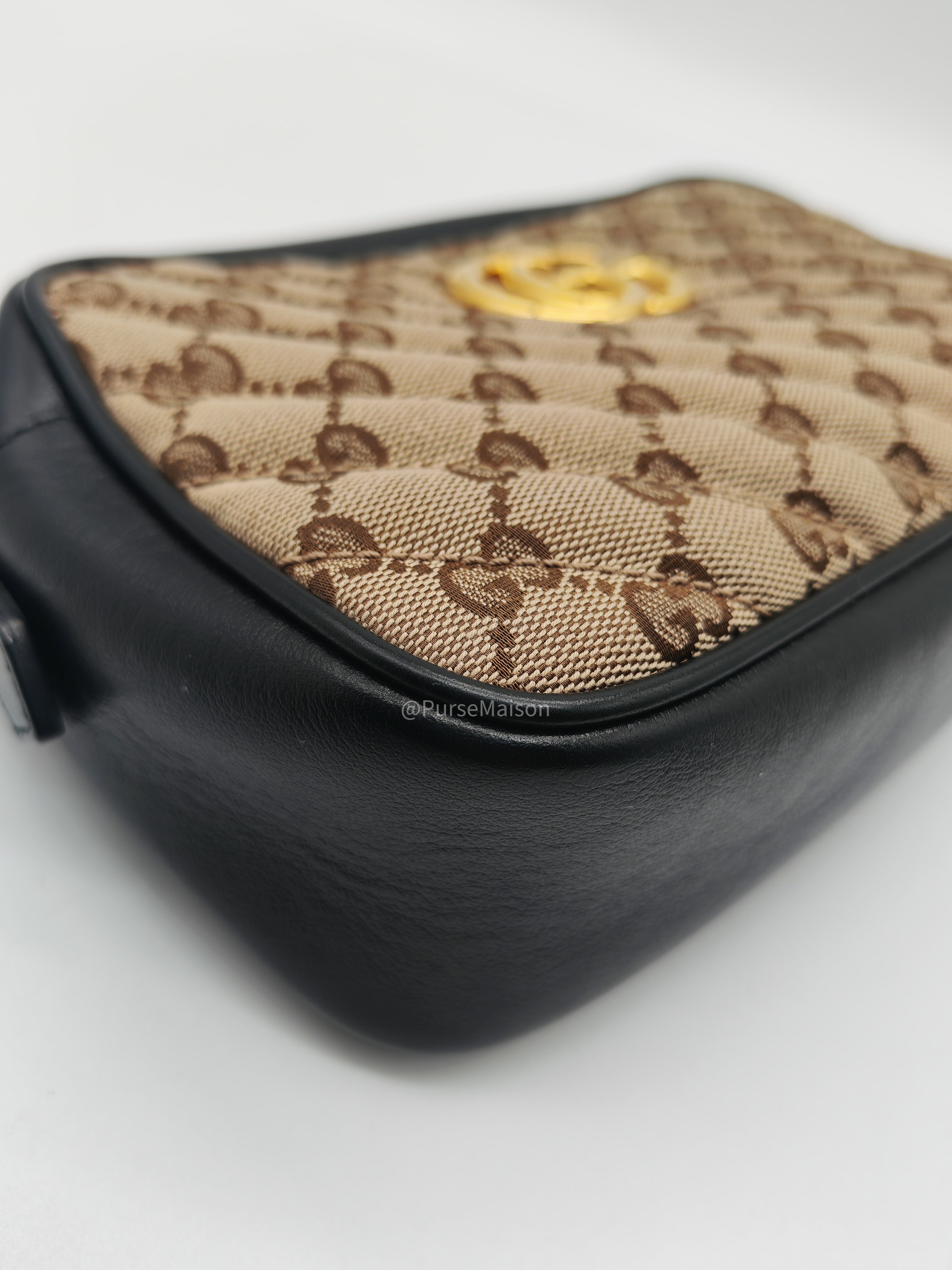 Gucci GG Marmont Camera Bag Small in Diagonal Monogram Matelasse Canvas and Gold Hardware