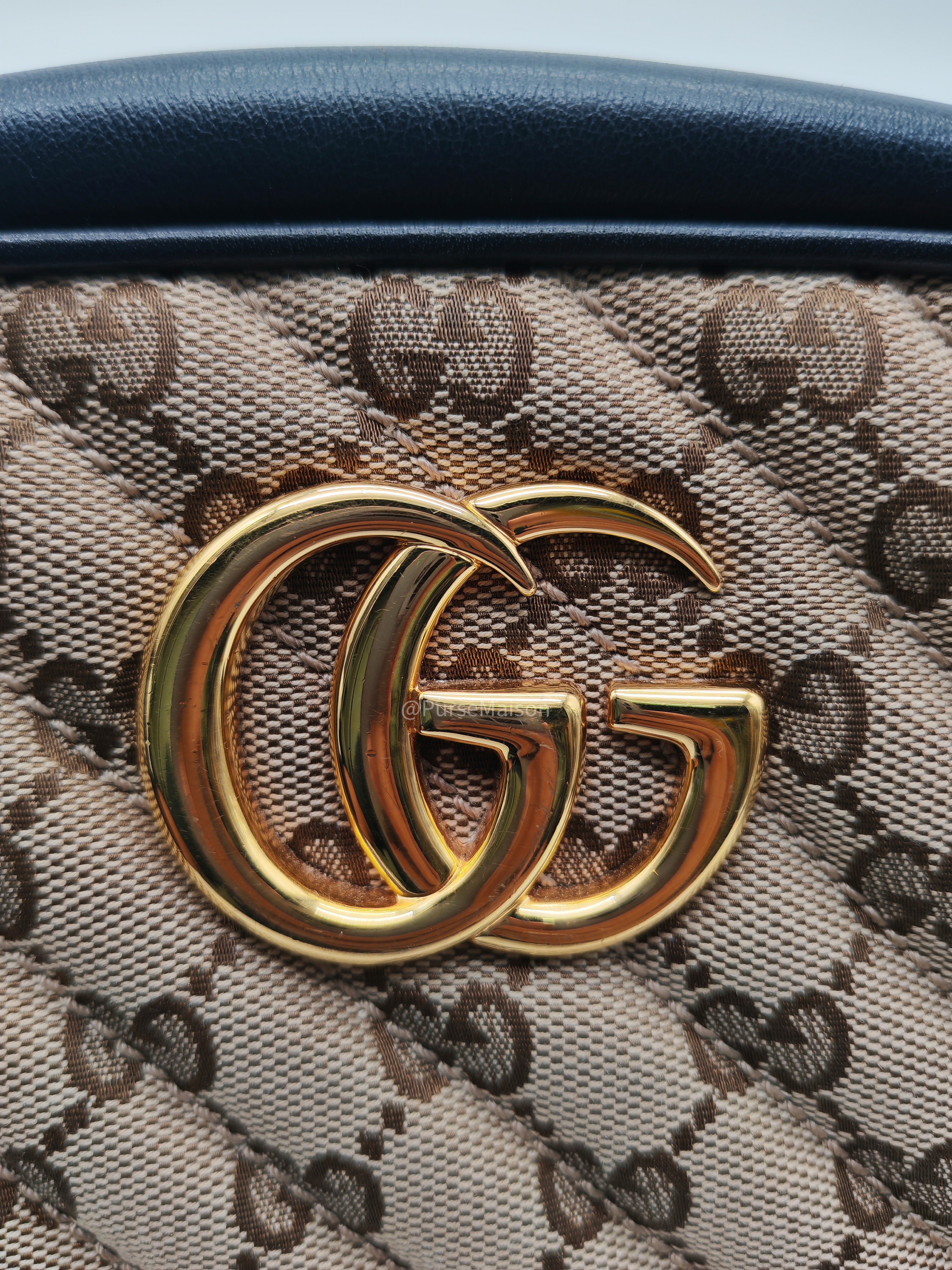 Gucci GG Marmont Camera Bag Small in Diagonal Monogram Matelasse Canvas and Gold Hardware