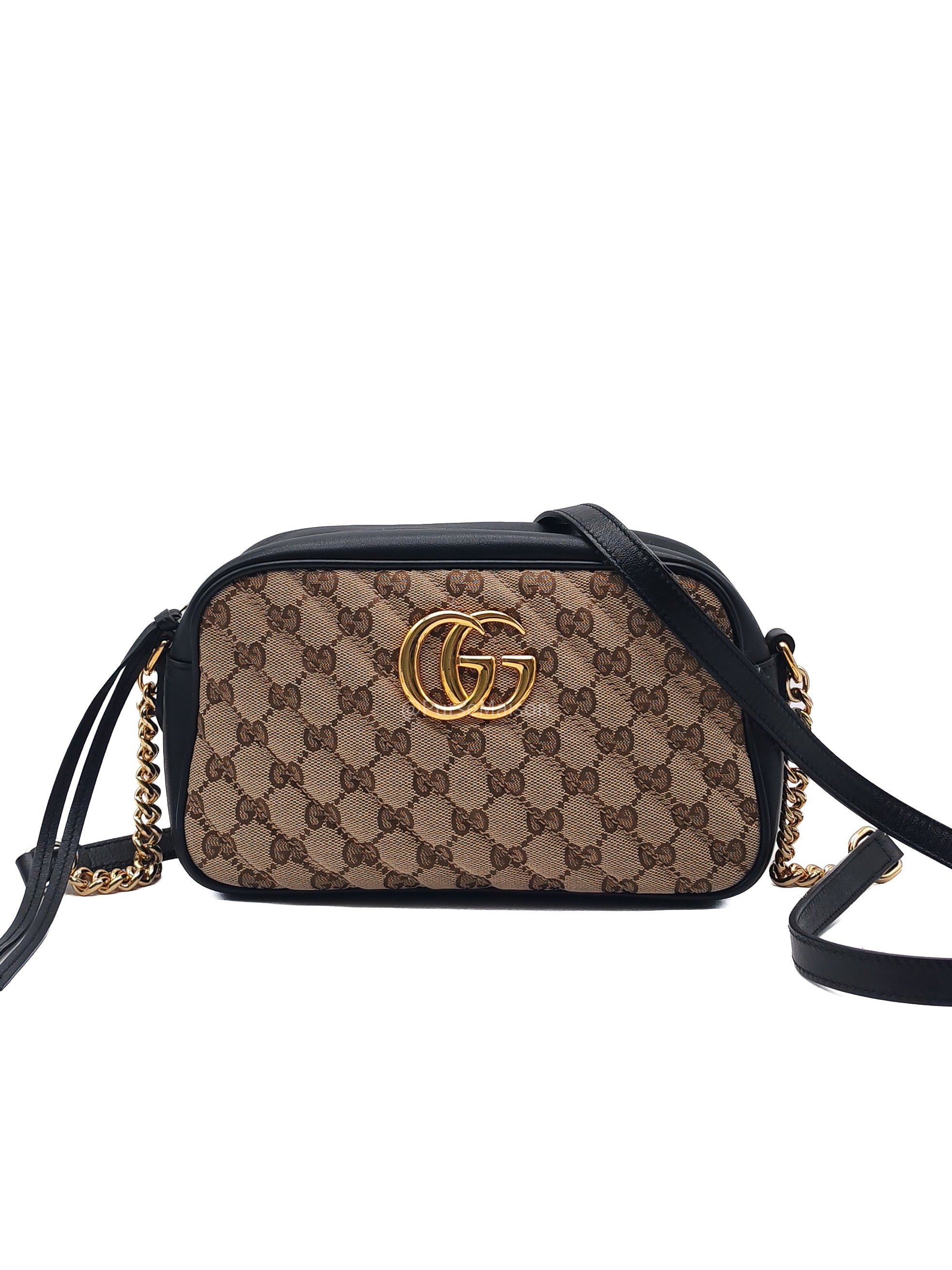 Gucci GG Marmont Camera Bag Small in Diagonal Monogram Matelasse Canvas and Gold Hardware