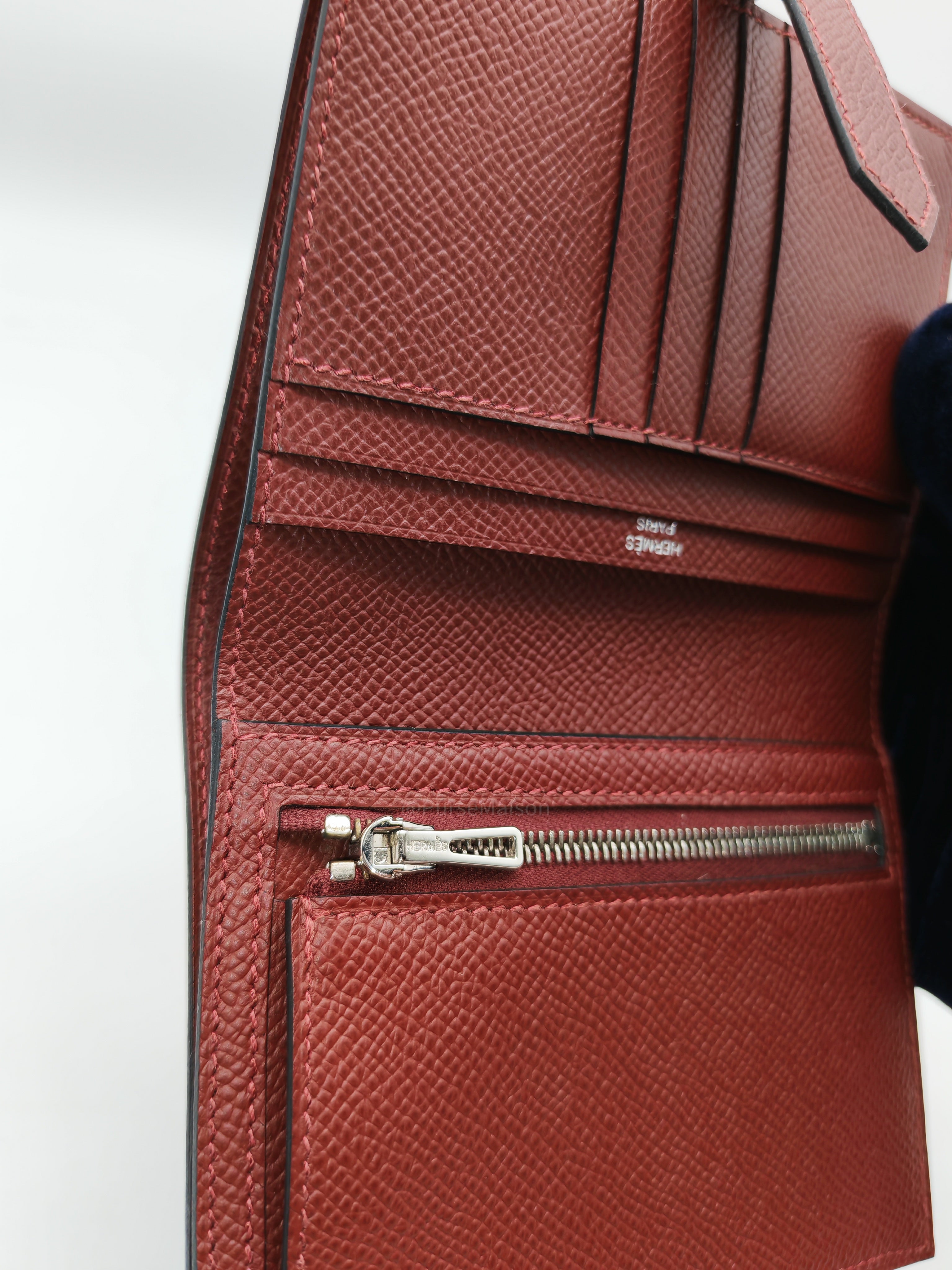 Hermes Bearn Compact Wallet in Rouge Epsom Leather and Palladium Hardware Stamp W (2024)
