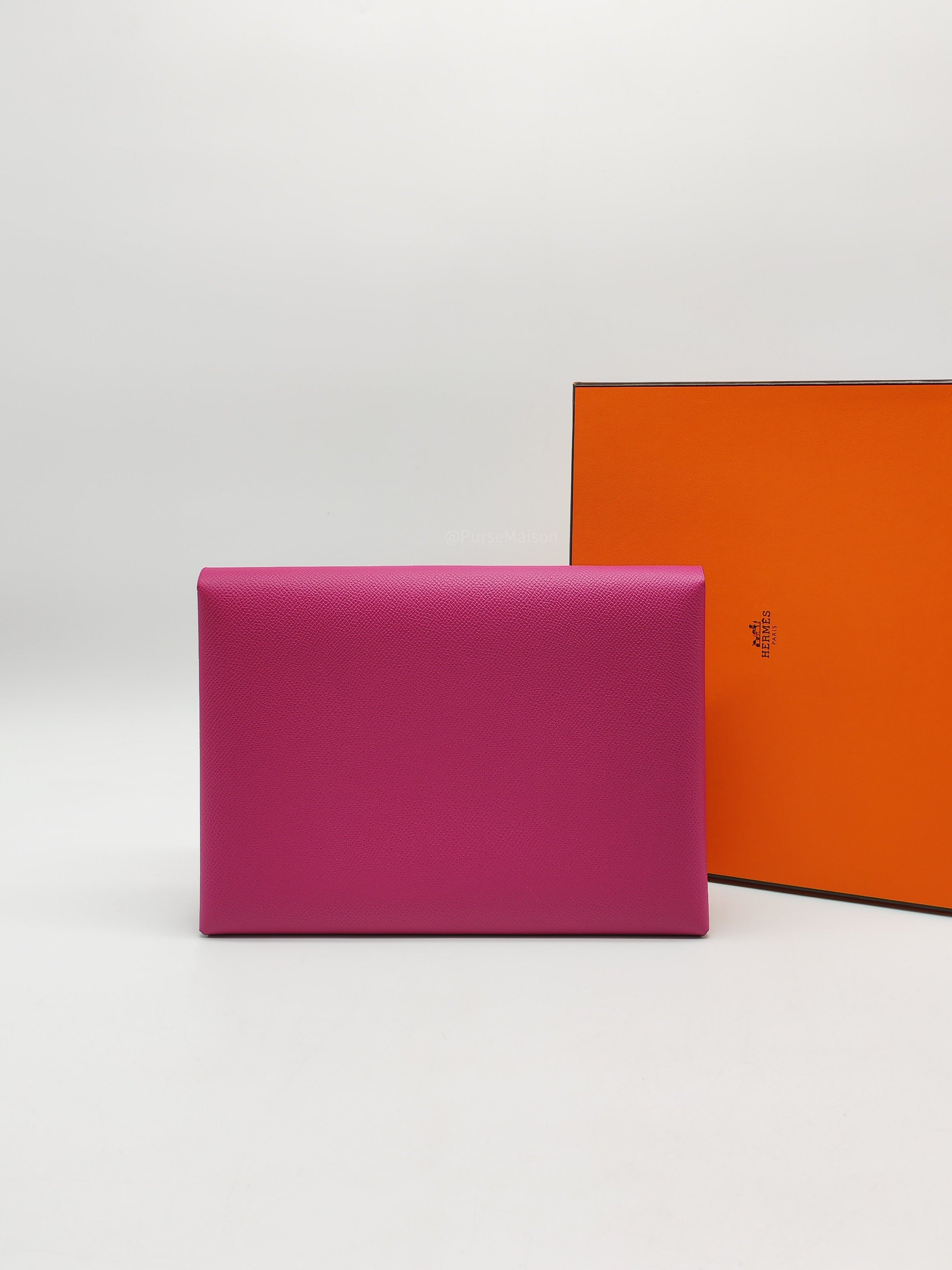 Hermes Calvi Pouch in Rose Pourpre Epsom Leather and Palladium Hardware Stamp C (2018)