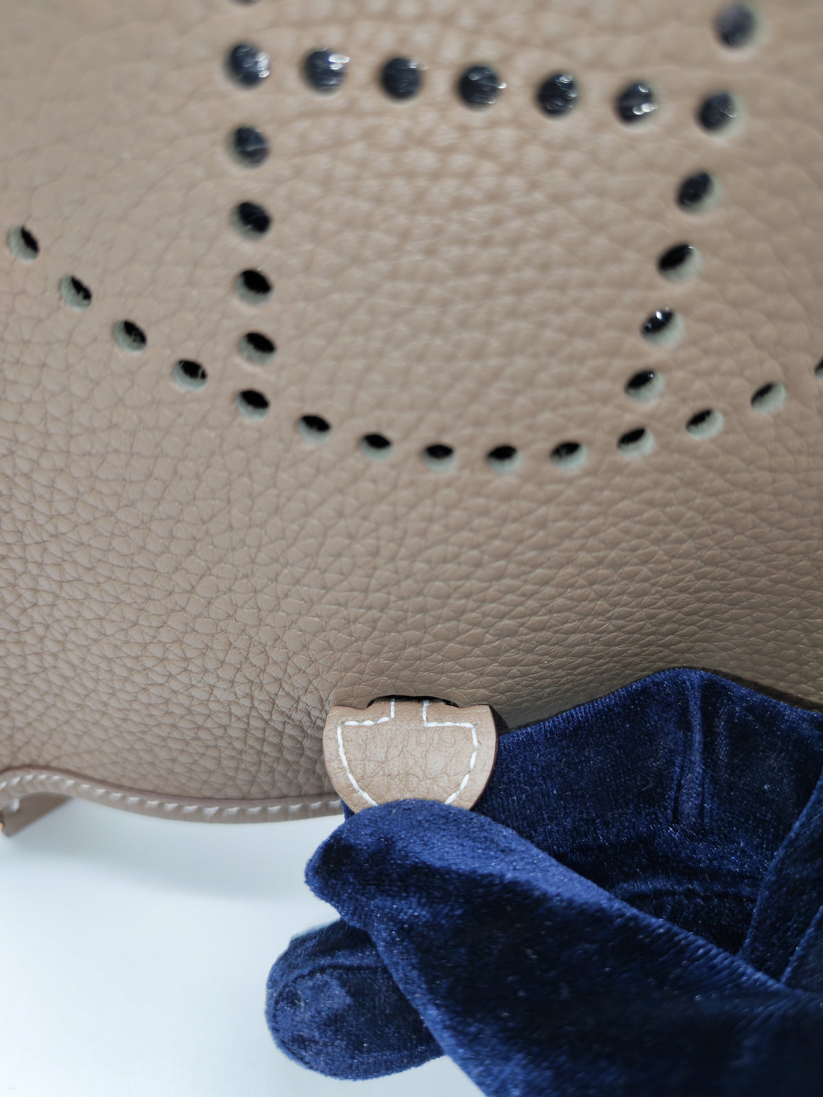 Hermes Mini Evelyne TPM in Etoupe Clemence Leather with Navy Blue Strap Palladium Hardware Stamp K(2025)