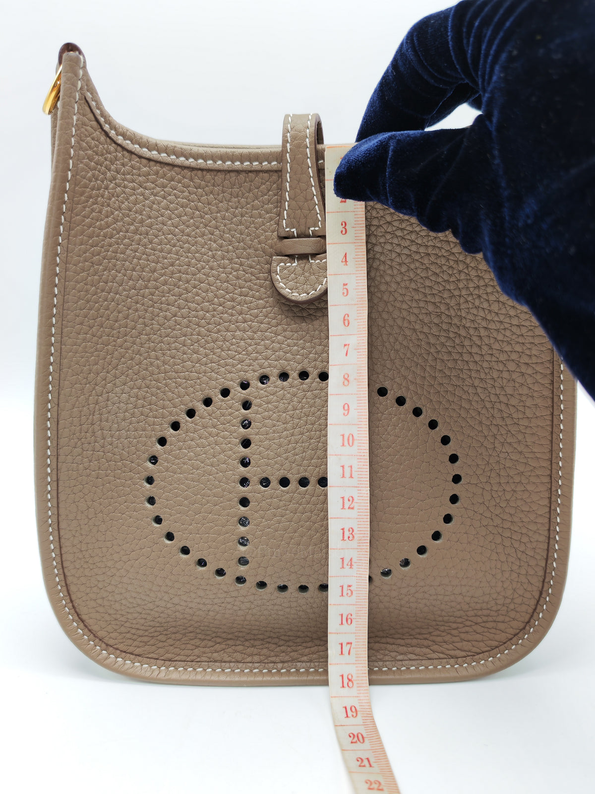 Hermes Mini Evelyne TPM in Etoupe Clemence Leather with Navy Blue Strap Palladium Hardware Stamp K(2025)