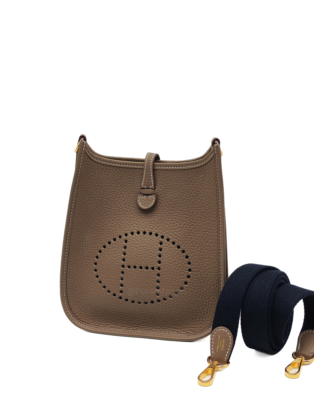 Hermes Mini Evelyne TPM in Etoupe Clemence Leather with Navy Blue Strap Palladium Hardware Stamp K(2025)