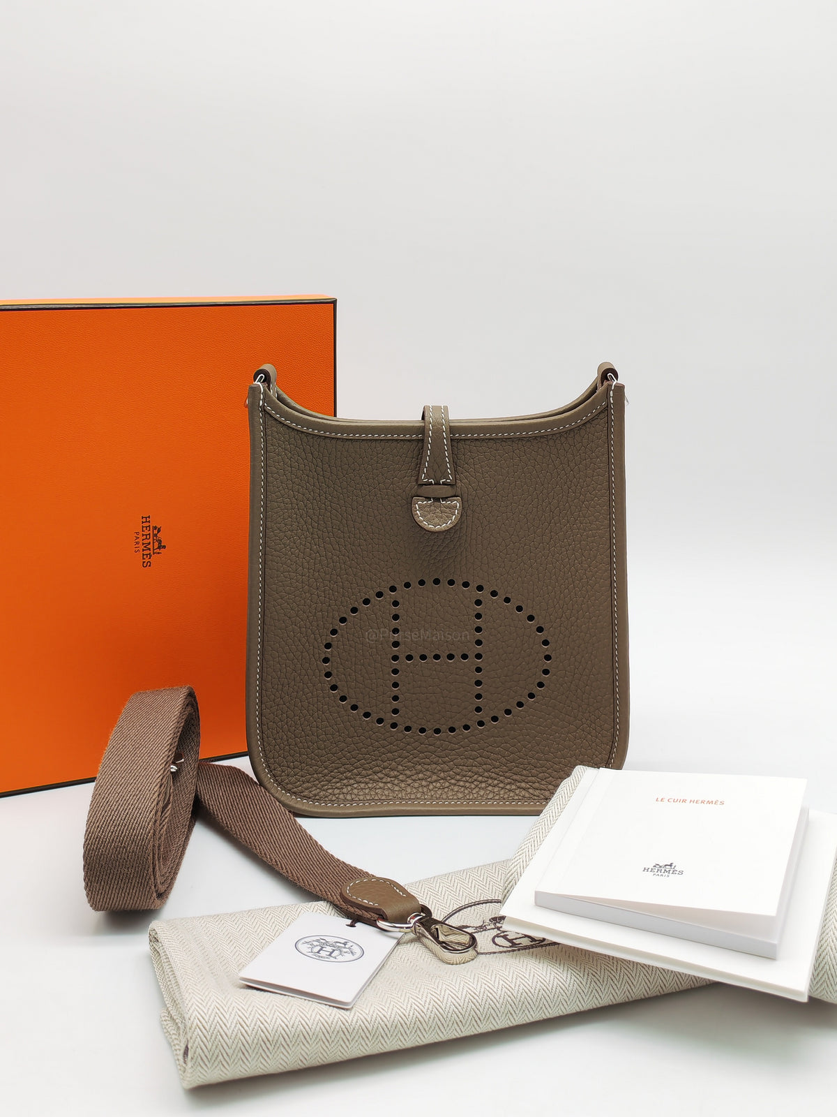 Hermes Evelyne TPM in Etoupe Taurillon Clemence Leather and Palladium Hardware Stamp G (2026)