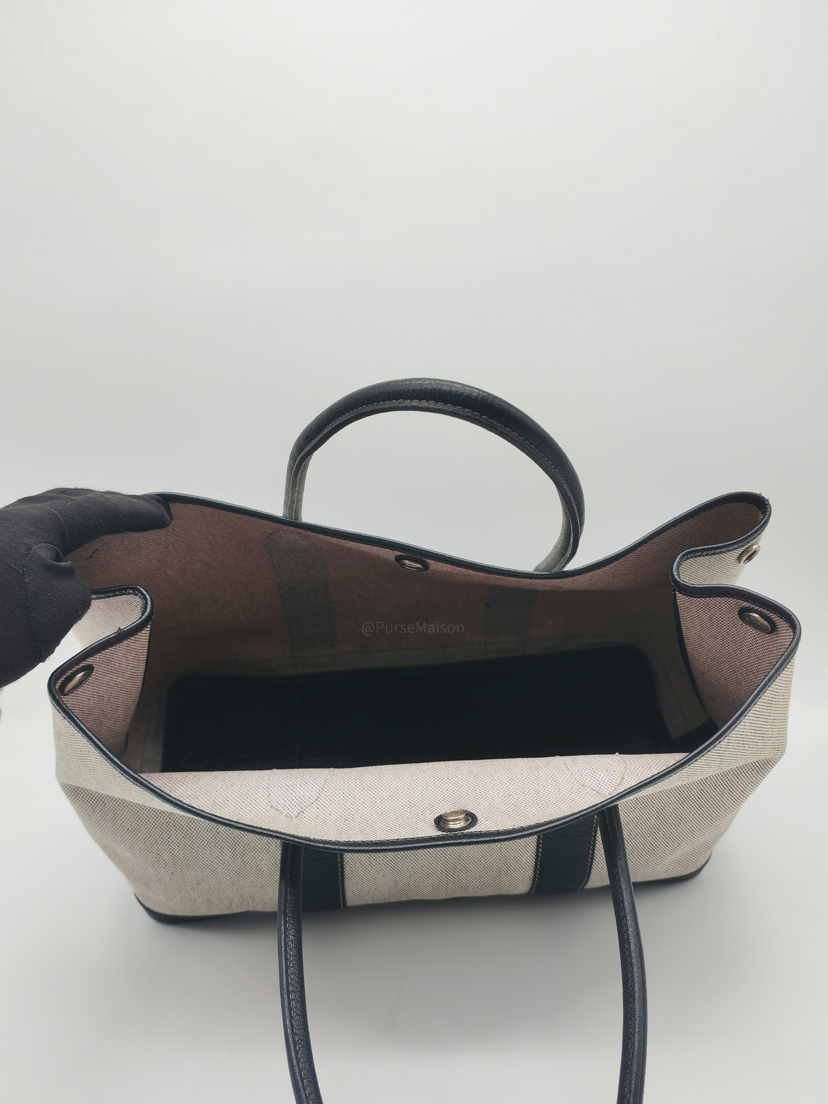 Hermes Garden Party Tote 36 in Ecru/Black Natural Toile Canvas and Palladium Hardware Stamp Square H (2004)