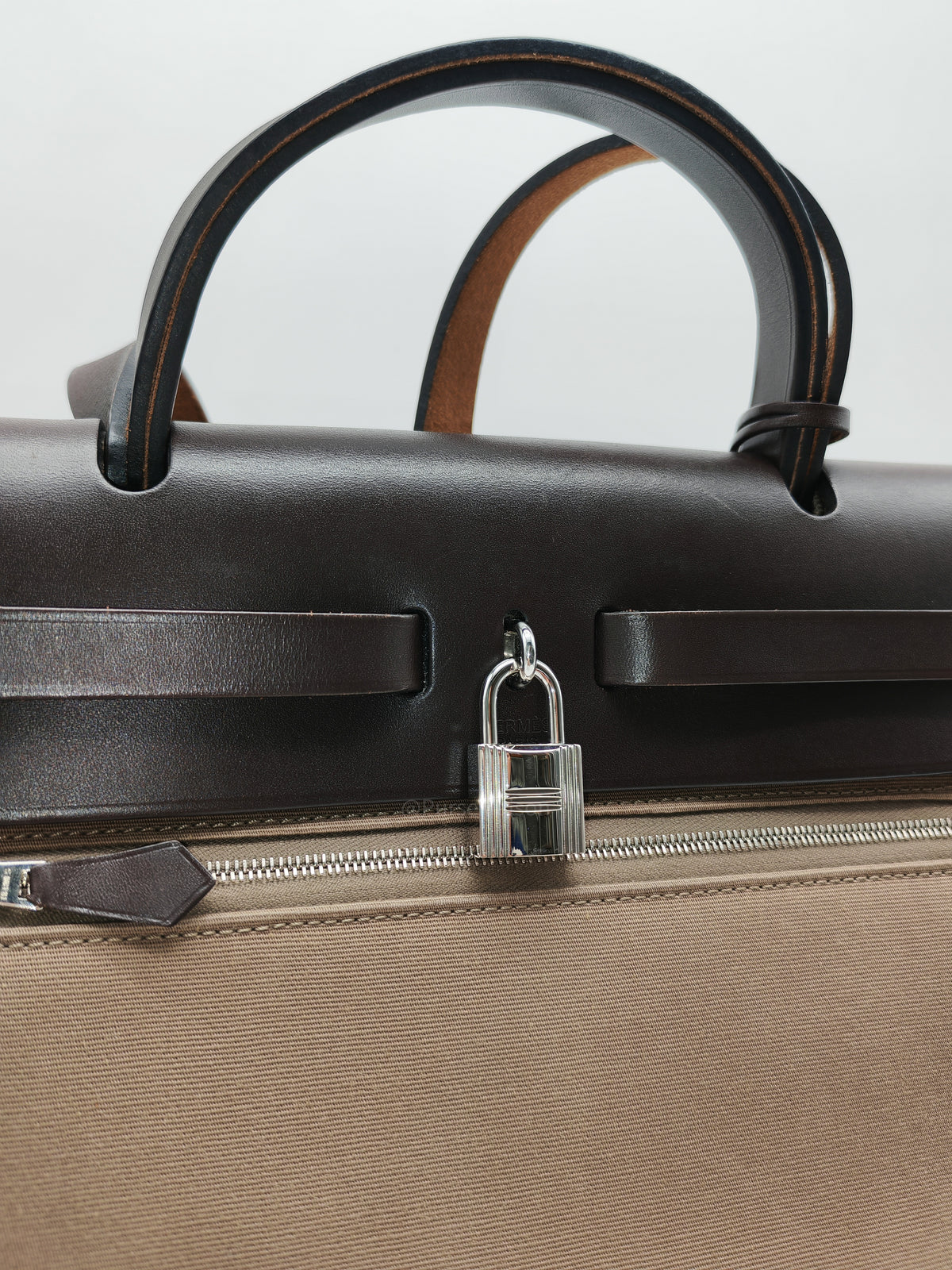 Hermes Herbag Zip 31 in Ebene Leather & Etoupe Canvas Palladium Hardware Stamp T(2015) | Purse Maison Luxury Bags Shop