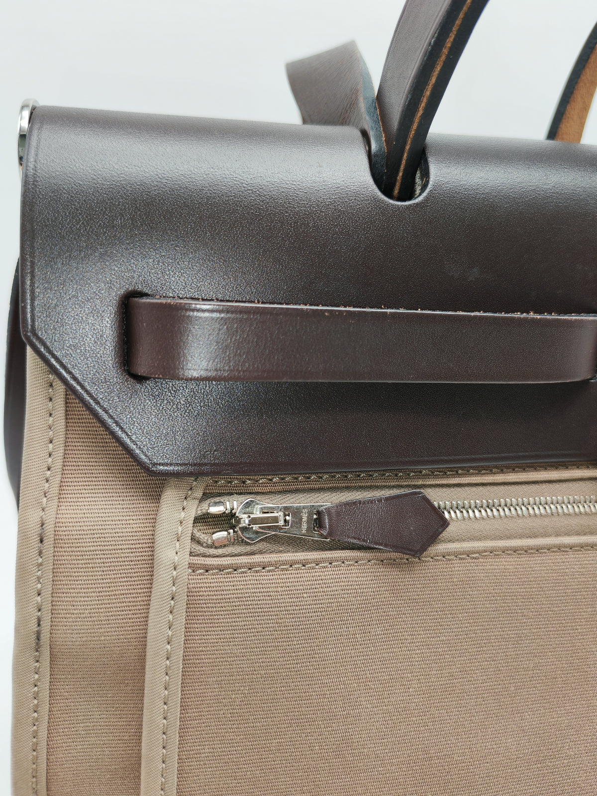 Hermes Herbag Zip 31 in Ebene Leather & Etoupe Canvas Palladium Hardware Stamp T(2015) | Purse Maison Luxury Bags Shop