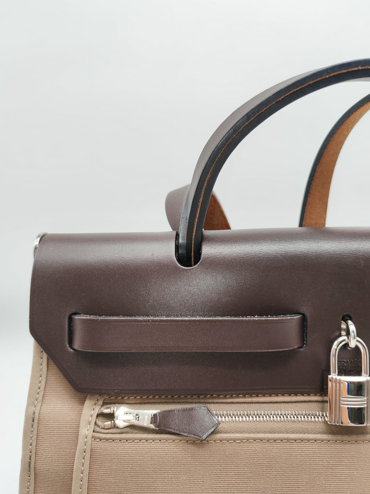 Hermes Herbag Zip 31 in Ebene Leather & Etoupe Canvas Palladium Hardware Stamp T(2015) | Purse Maison Luxury Bags Shop
