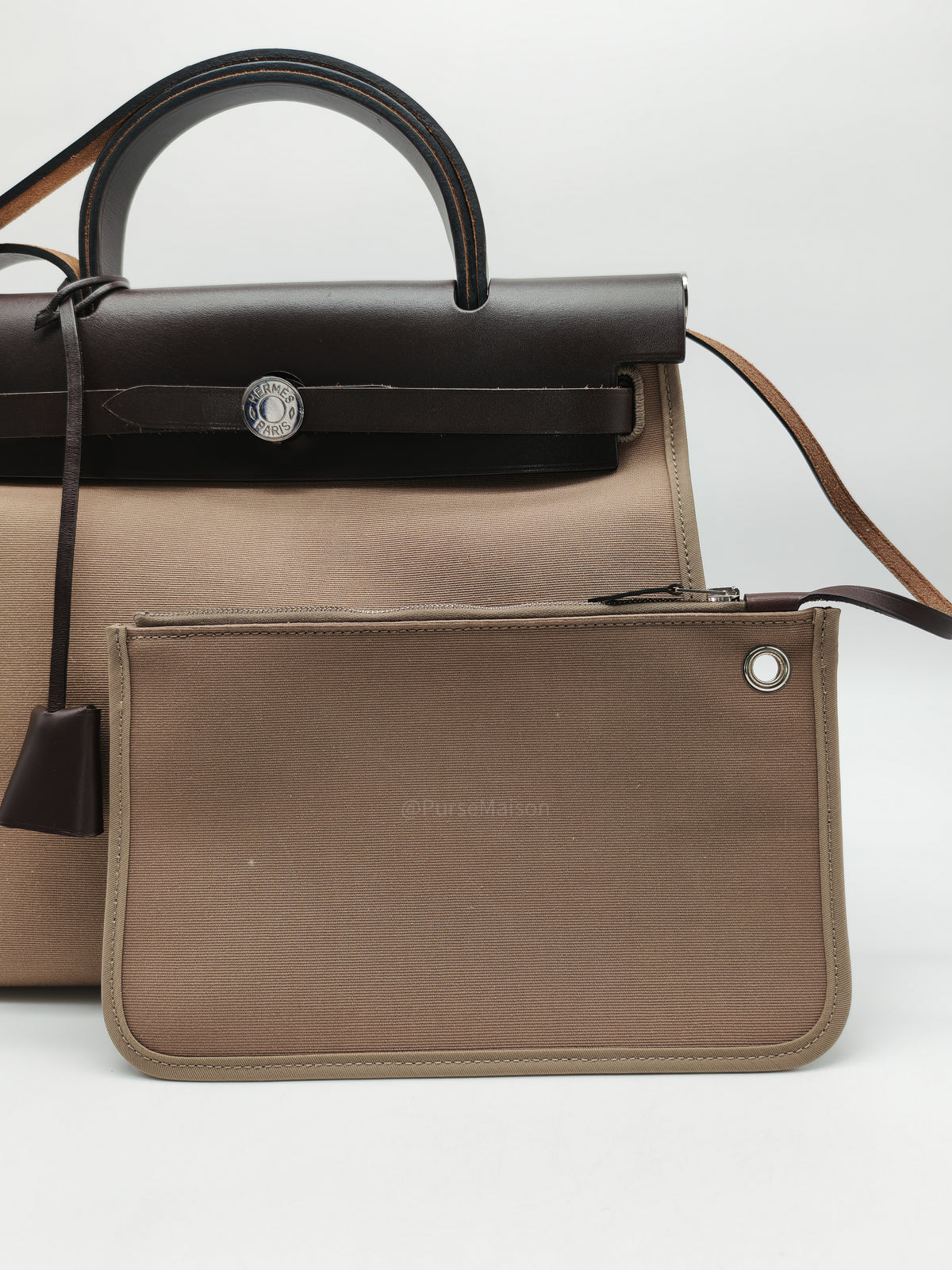 Hermes Herbag Zip 31 in Ebene Leather & Etoupe Canvas Palladium Hardware Stamp T(2015) | Purse Maison Luxury Bags Shop